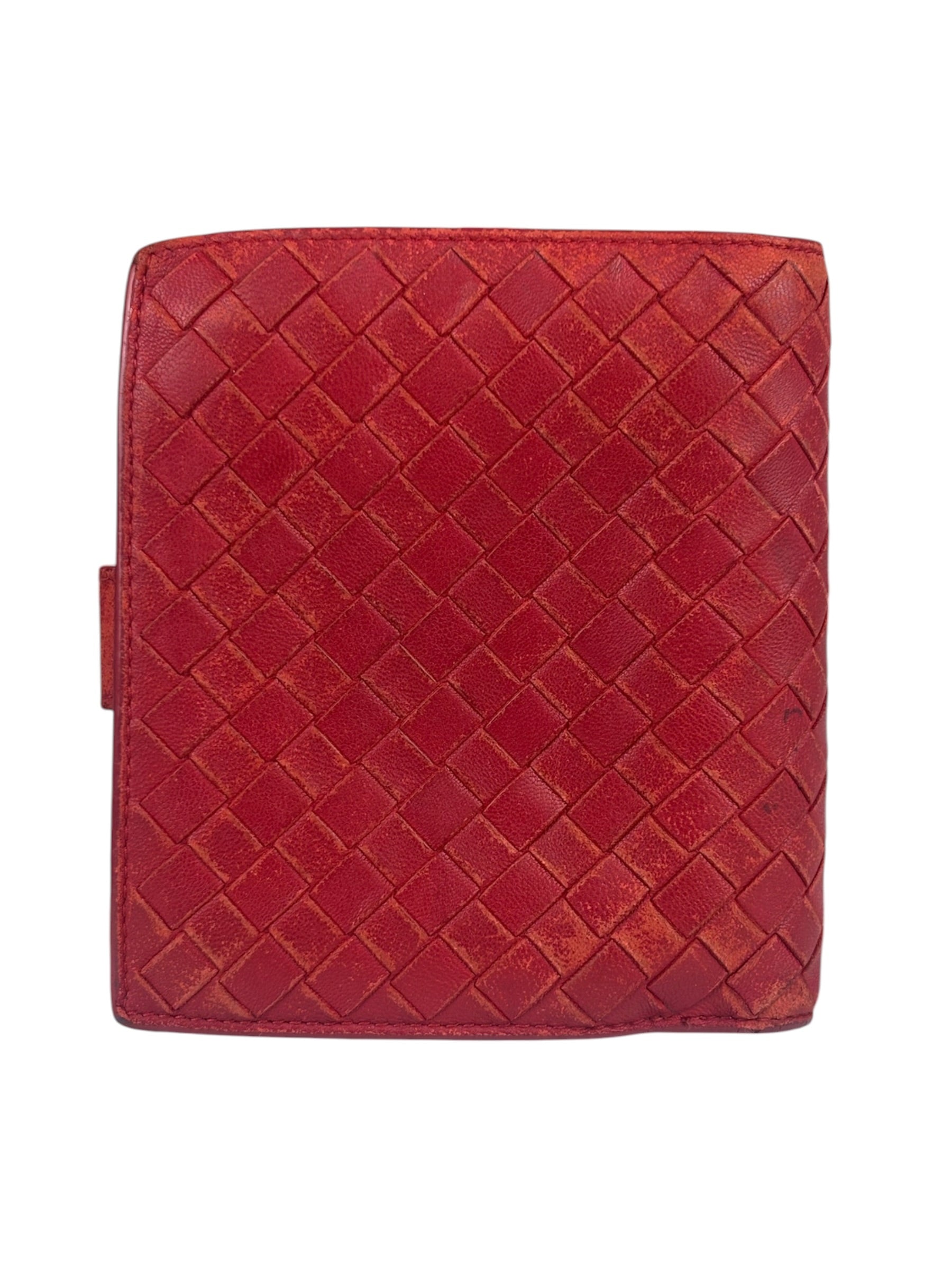 Bottega Veneta Red Leather Nappa Intercciato French Compact Wallet