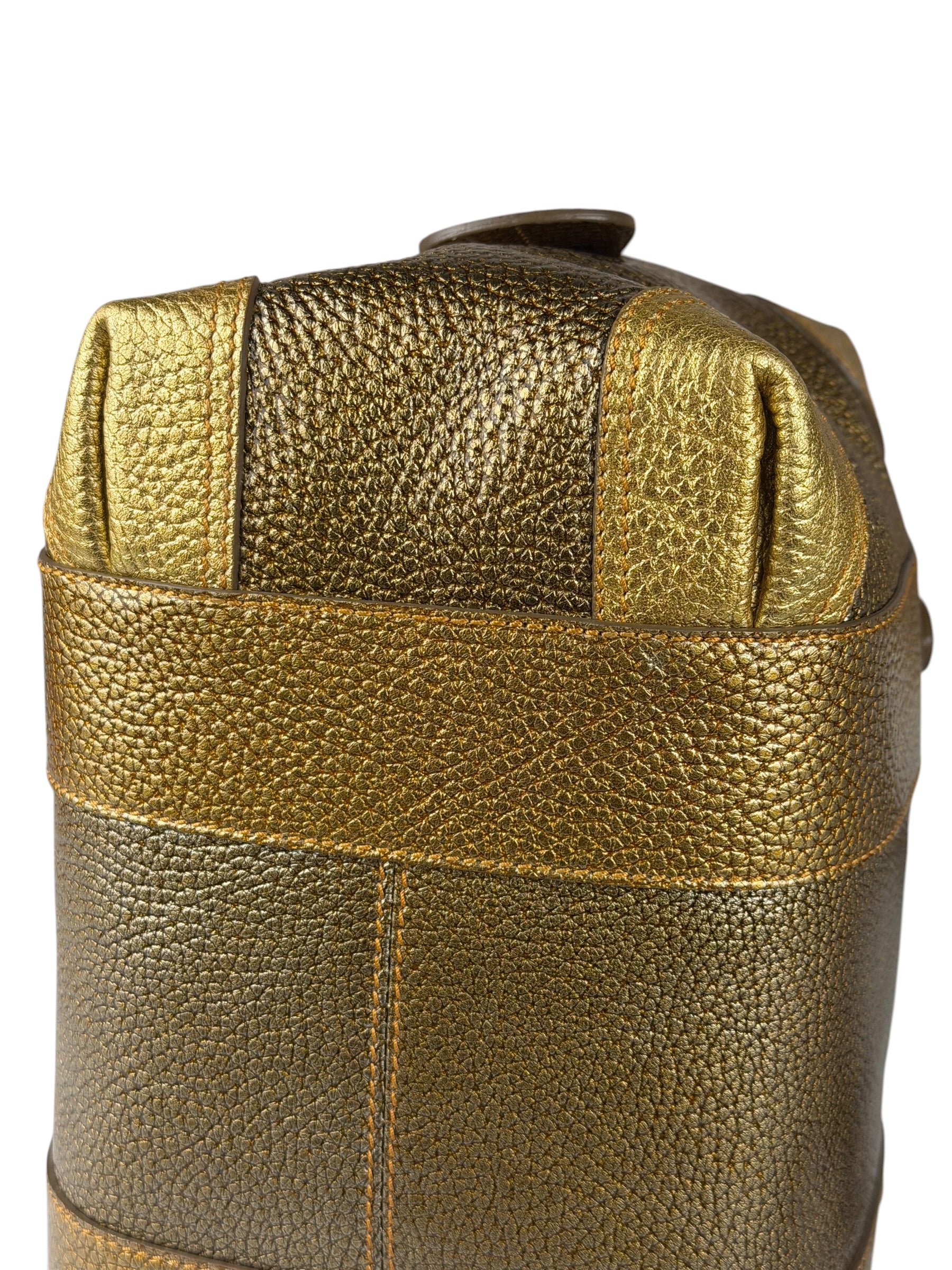 Fendi Metalic Gold Patent Pebbled Leather Media Boston Bag