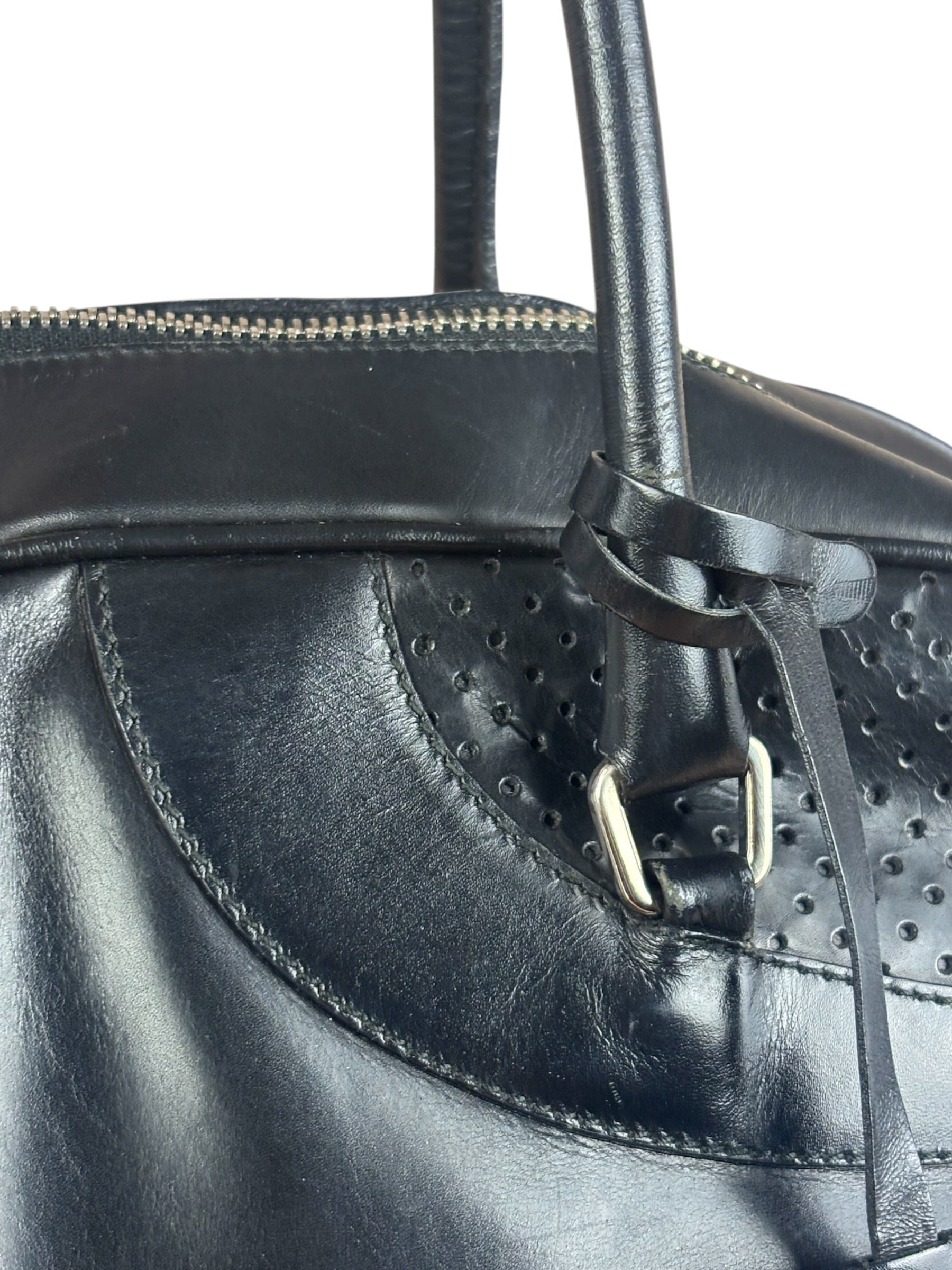 Prada Vintage Black Leather Vitello Drive Perforated Bowling Tote Bag