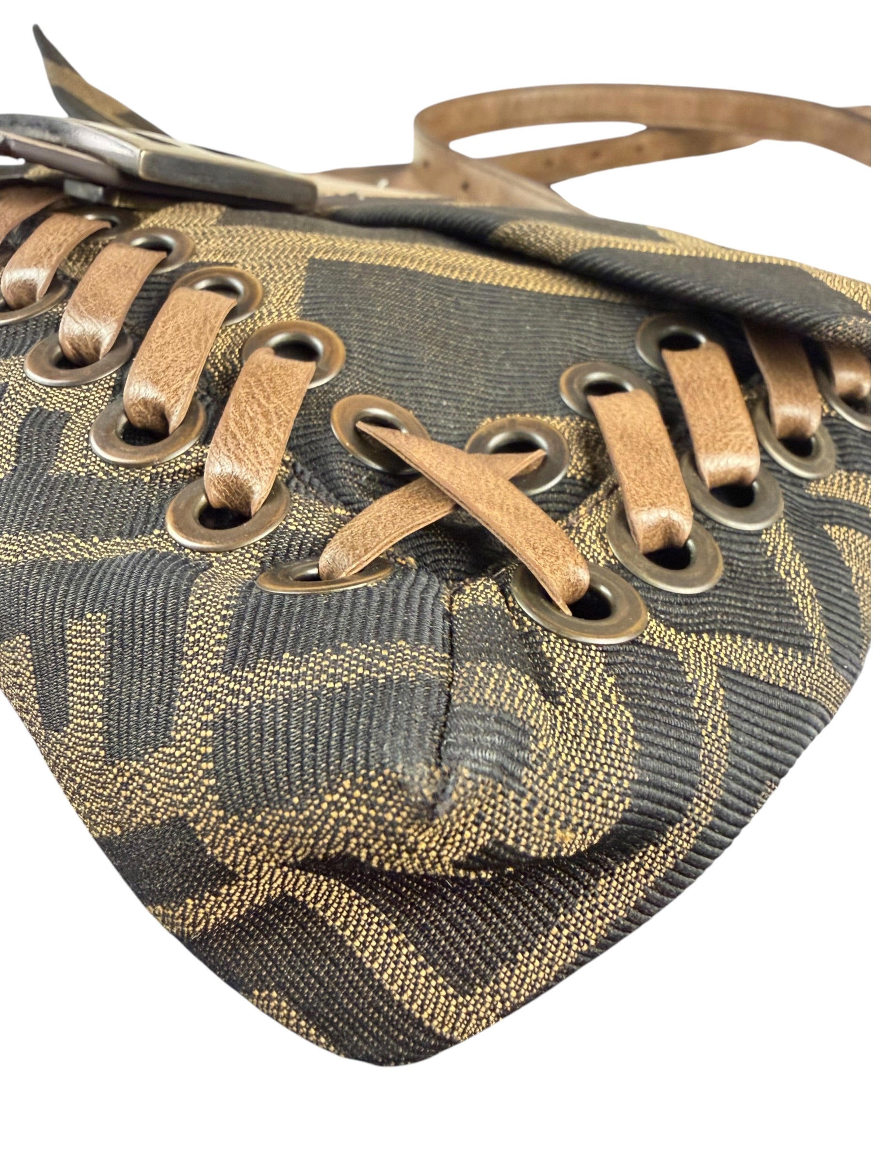 Fendi Vintage Brown Leather Trim Zucca Whipstitch XL Baguette