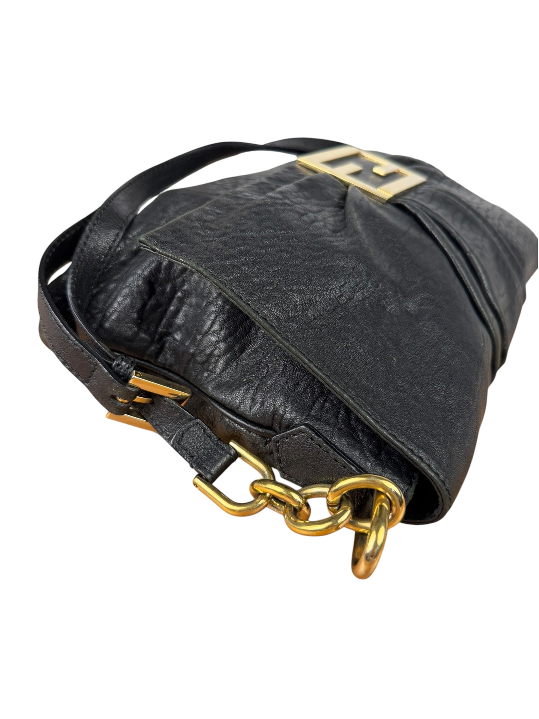 Fendi Black Pebbled Leather Mia Flap Bag