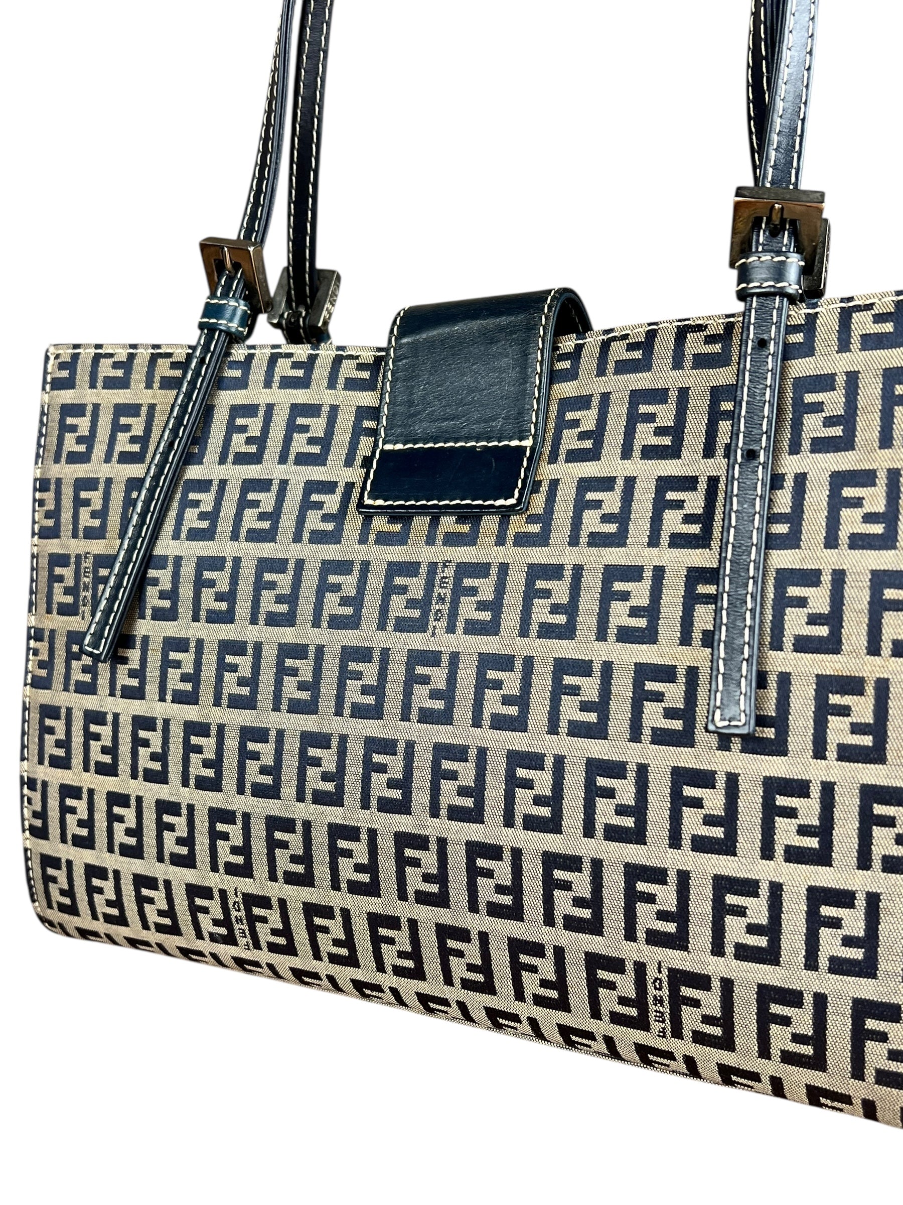 Fendi FF Buckle Navy Zucca Tote Handbag