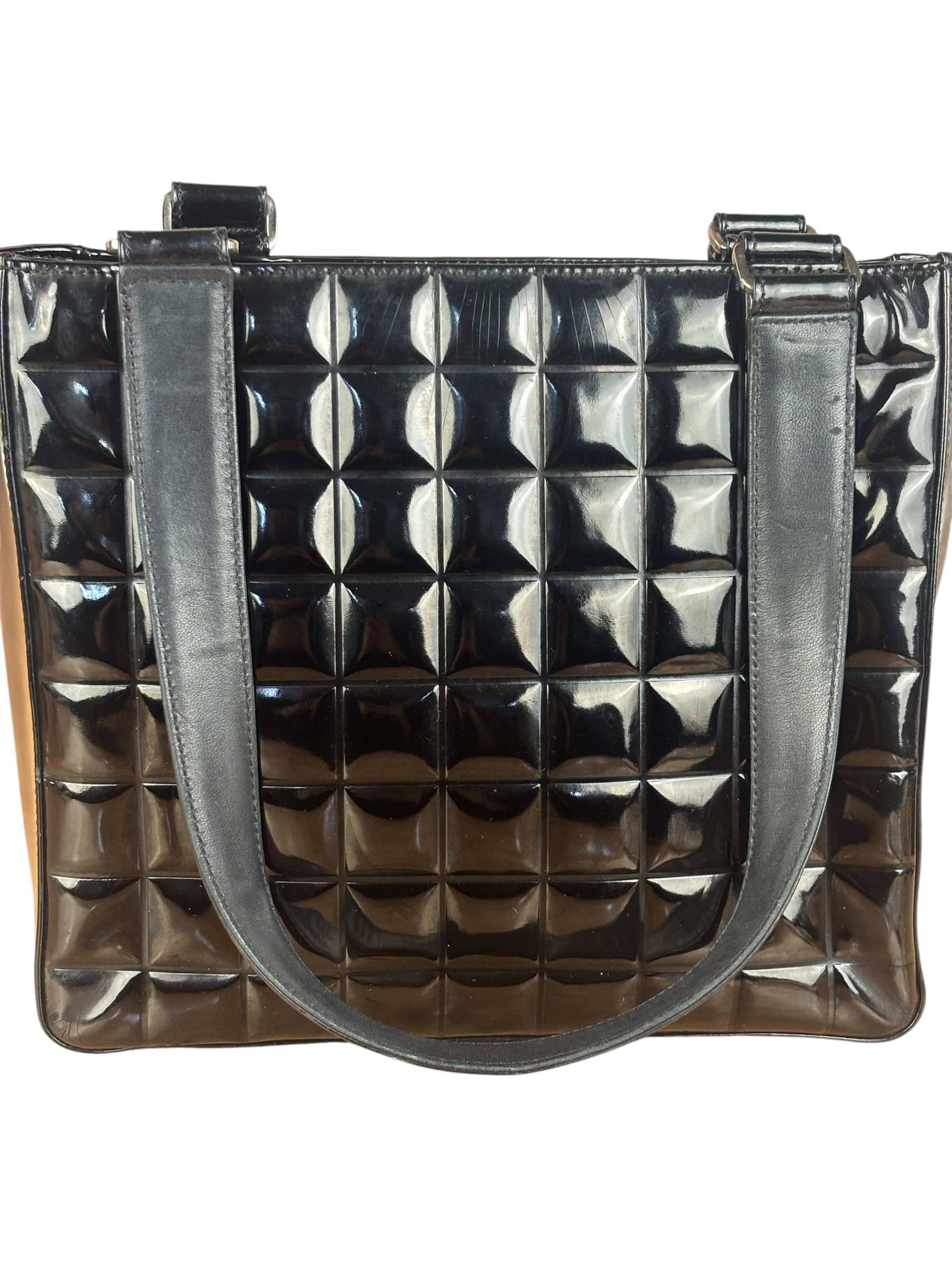 Chanel Vintage Black Patent Leather Chocolate Bar Tote Bag 2002