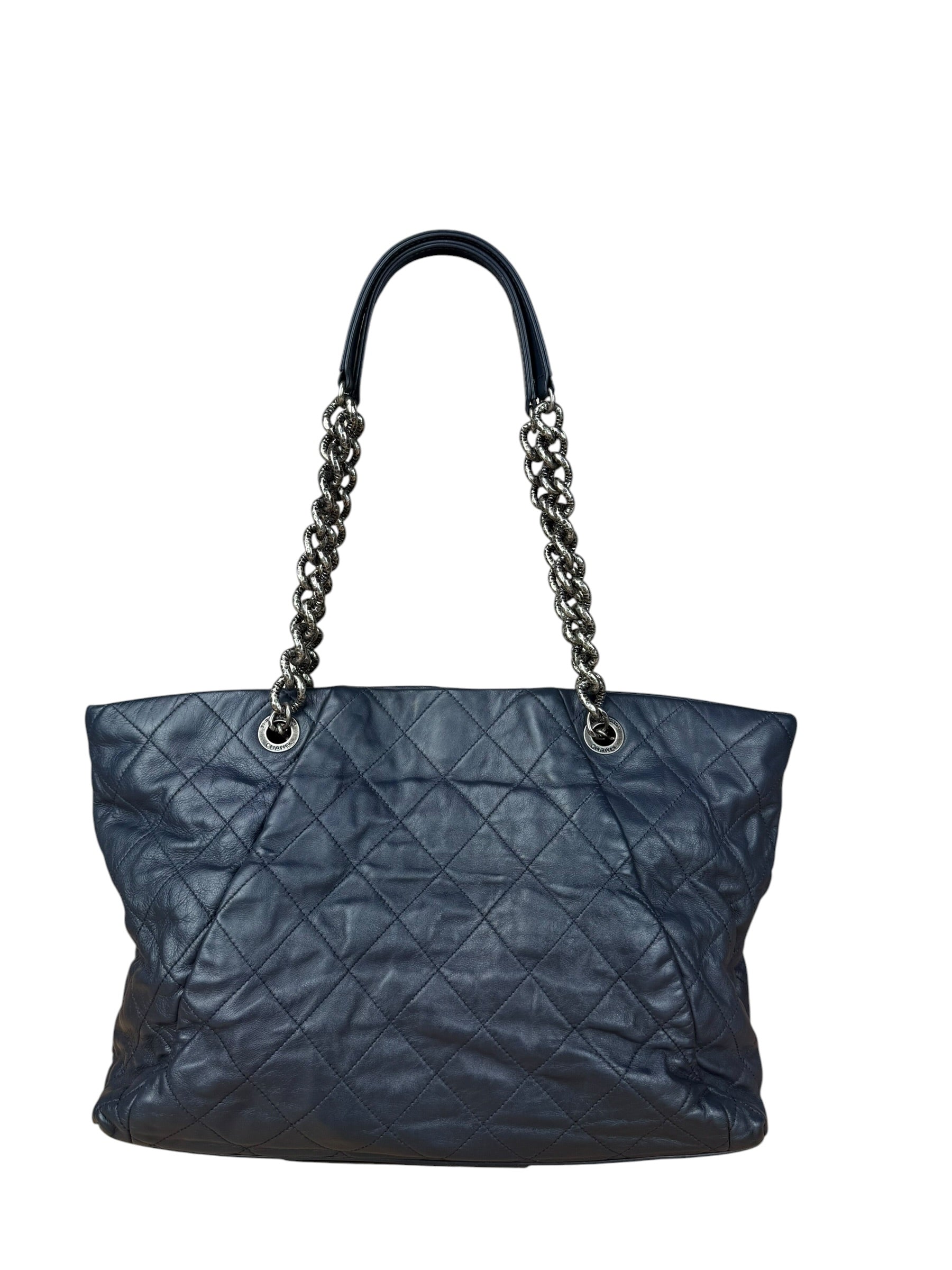 Chanel Dark Navy Quilted Leather Coco Pleats Chain Tote 2012