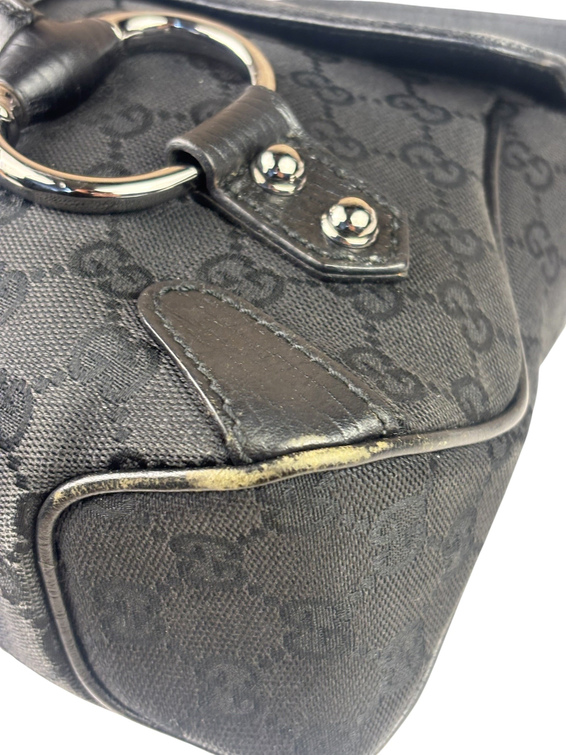 Gucci Black Leather Trim Horsebit GG Chain Shoulder Bag