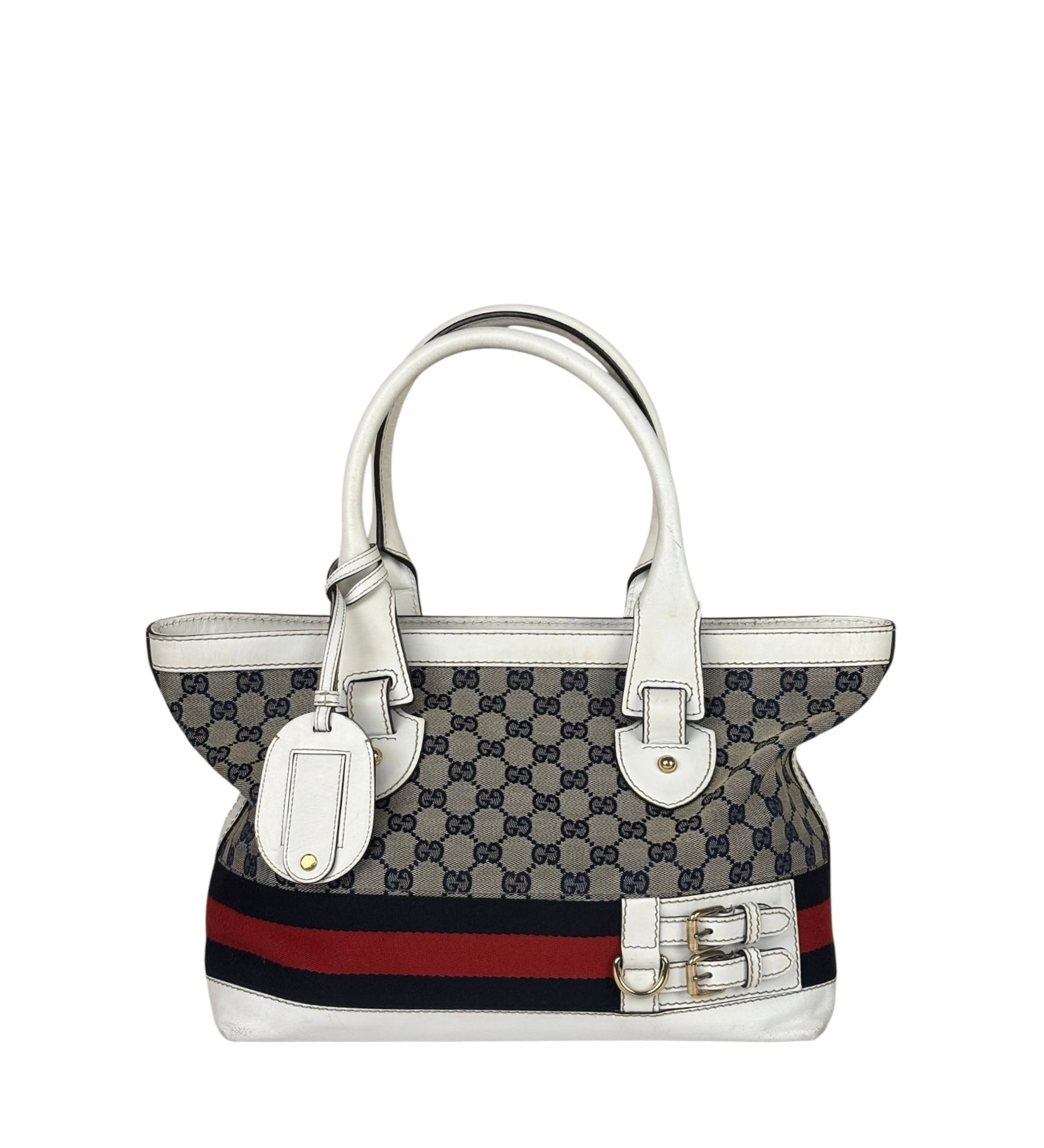 Gucci Navy Leather Trim GG Sherry Line Heritage Shoulder Bag