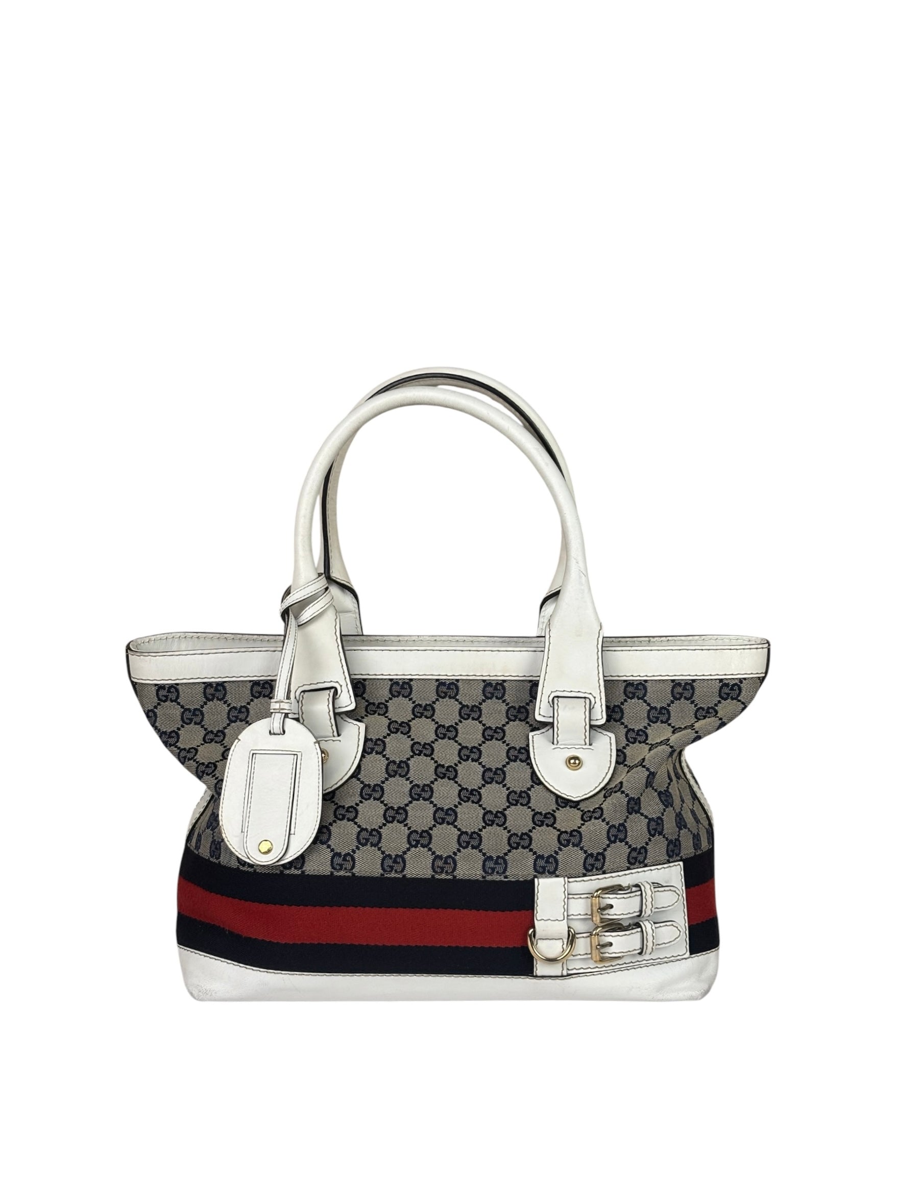 Gucci Navy Leather Trim GG Sherry Line Heritage Shoulder Bag