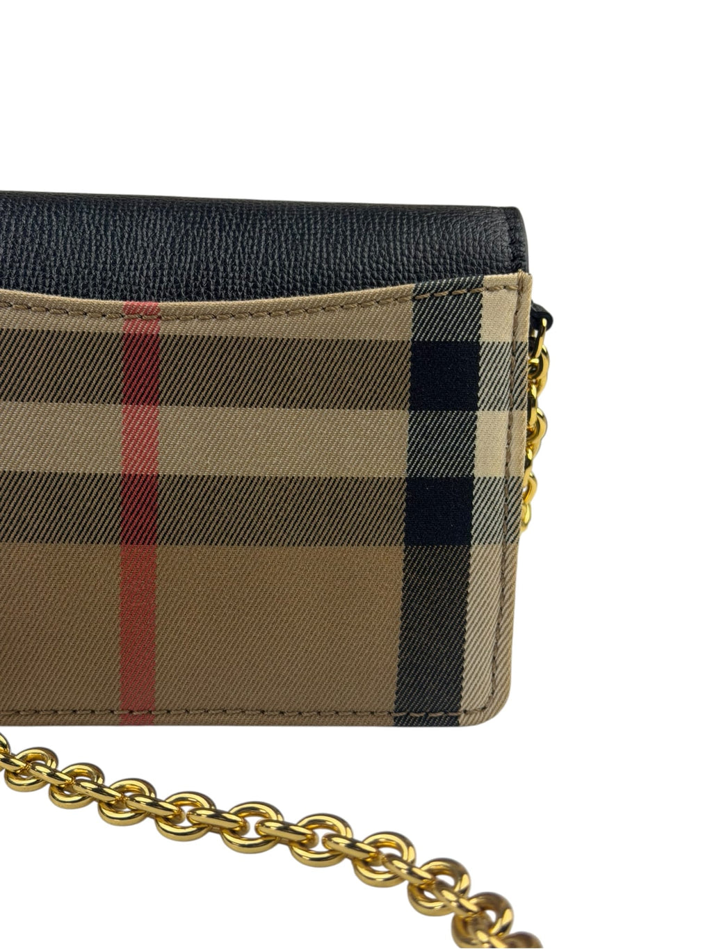 Burberry Black Leather House Check Flap Wallet On Chain