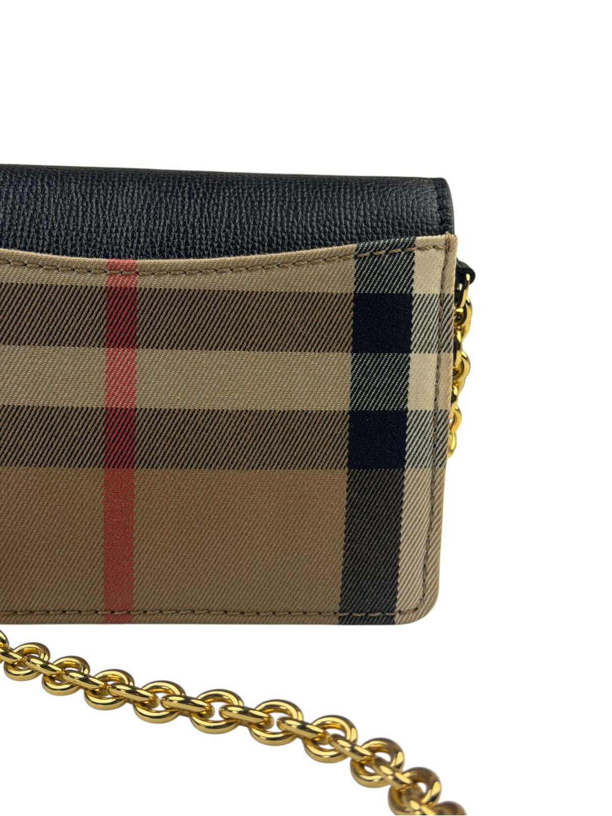 Burberry Black Leather House Check Flap Wallet On Chain