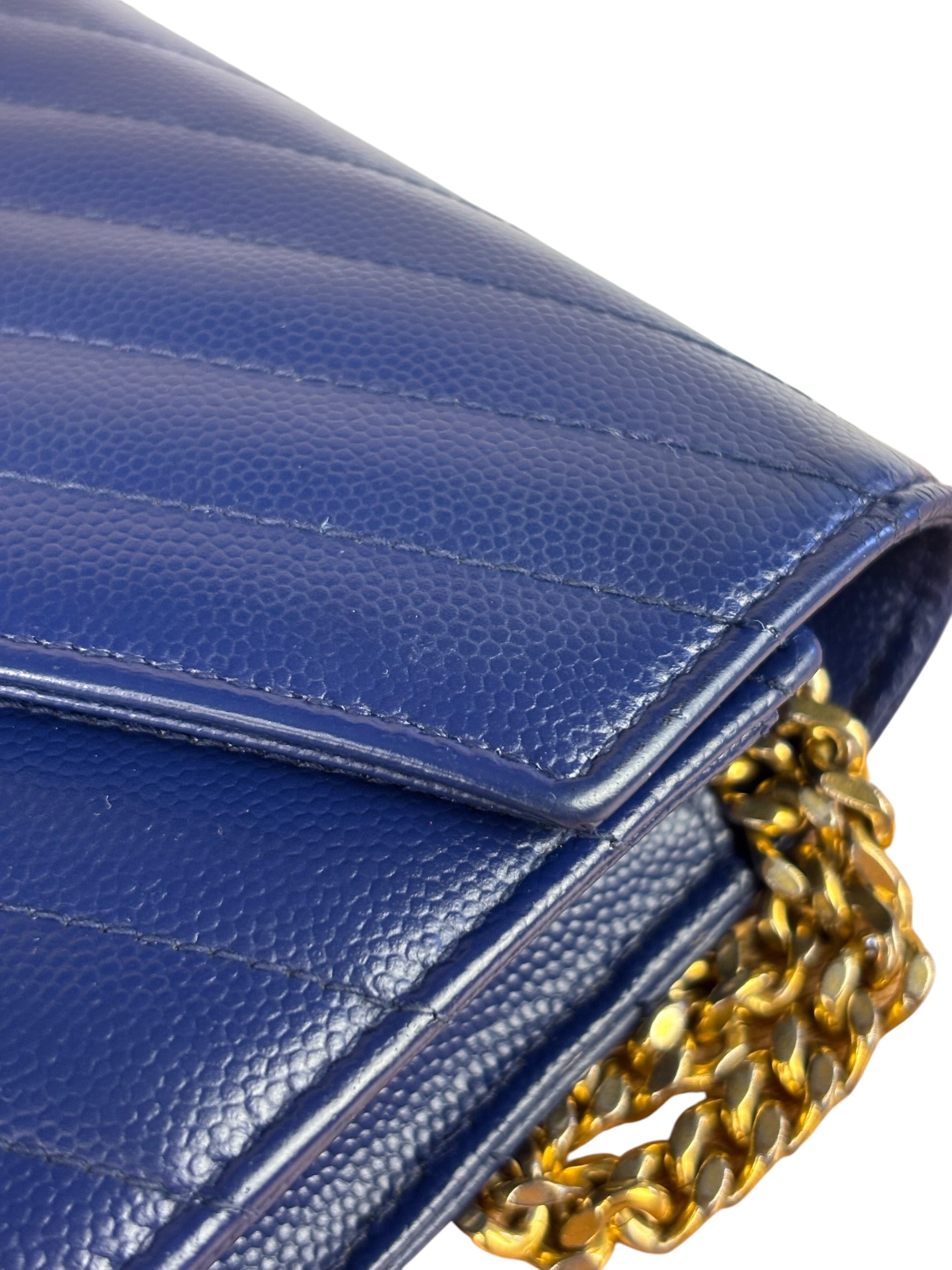 YSL Navy Blue Chevron Leather Cassandre Envelope Wallet On Chain