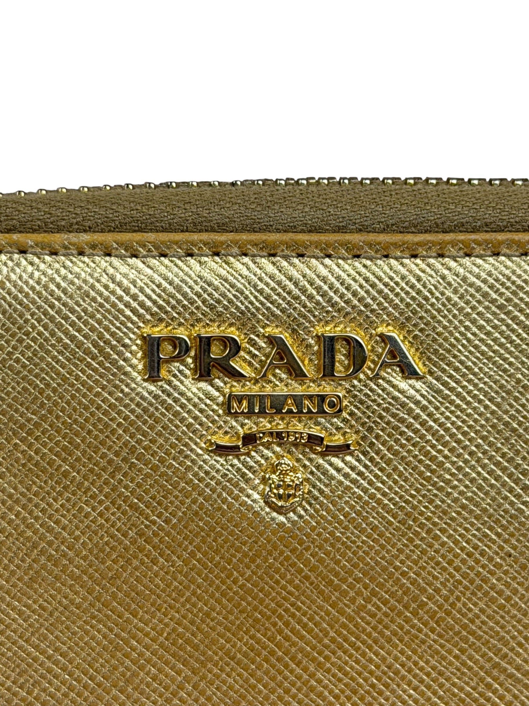 Prada Metallic Gold Saffiano Leather Zip-Around Wallet