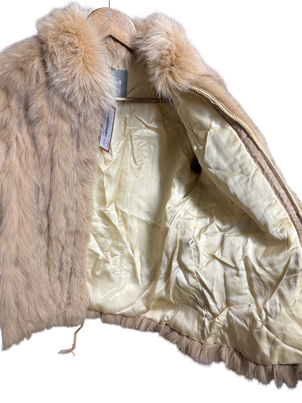 Vintage Beige Saga Fox Zip-Up Leather Trim Fur Coat