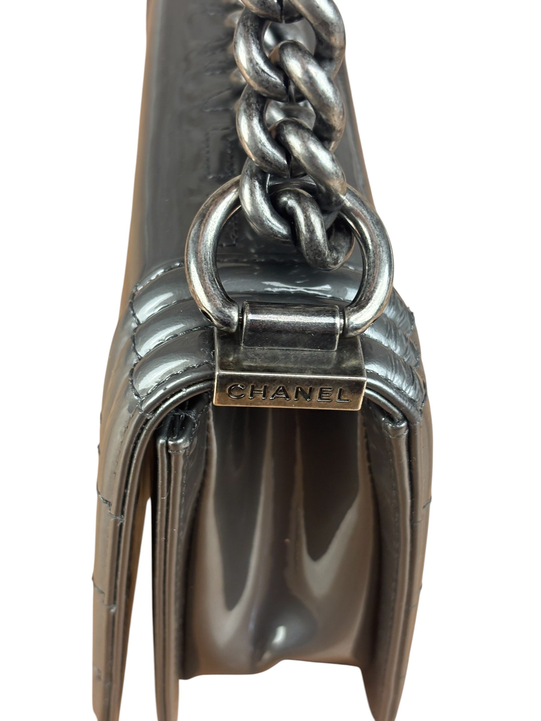 Chanel Gray Patent Leather Boy Flap Shoulder Bag