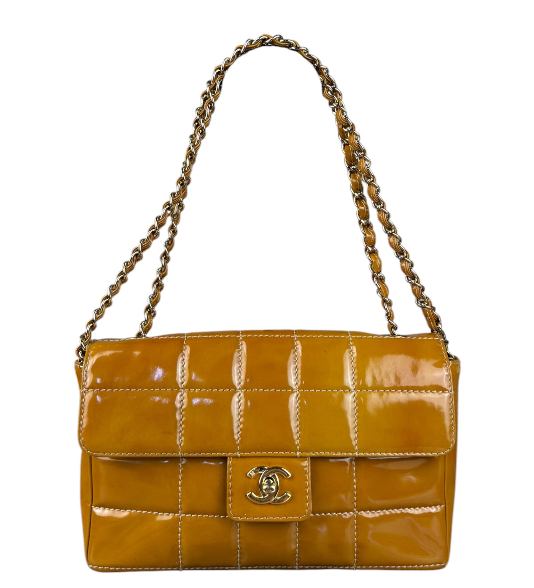Chanel Gold Patent East West Stitch Flap Bag 2002