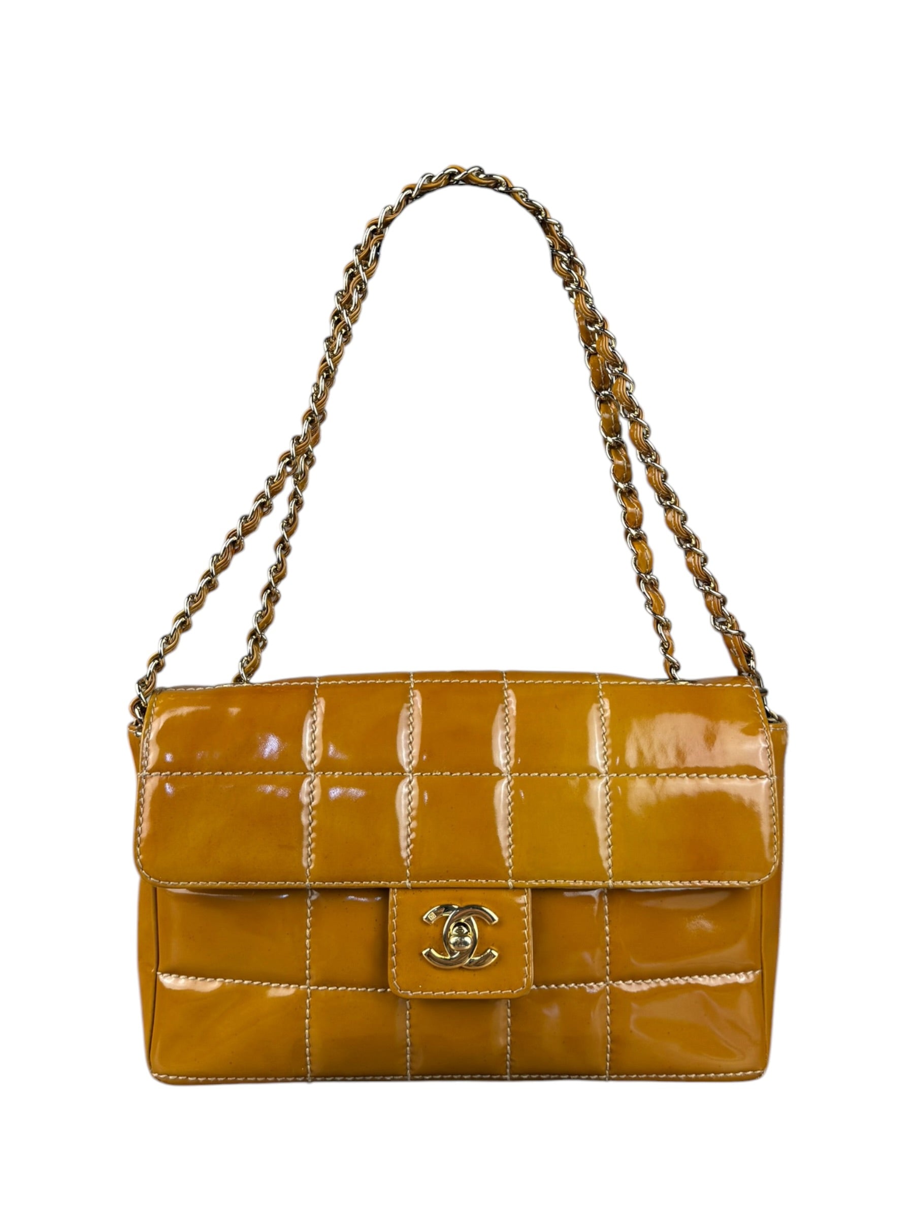 Chanel Gold Patent East West Stitch Flap Bag 2002