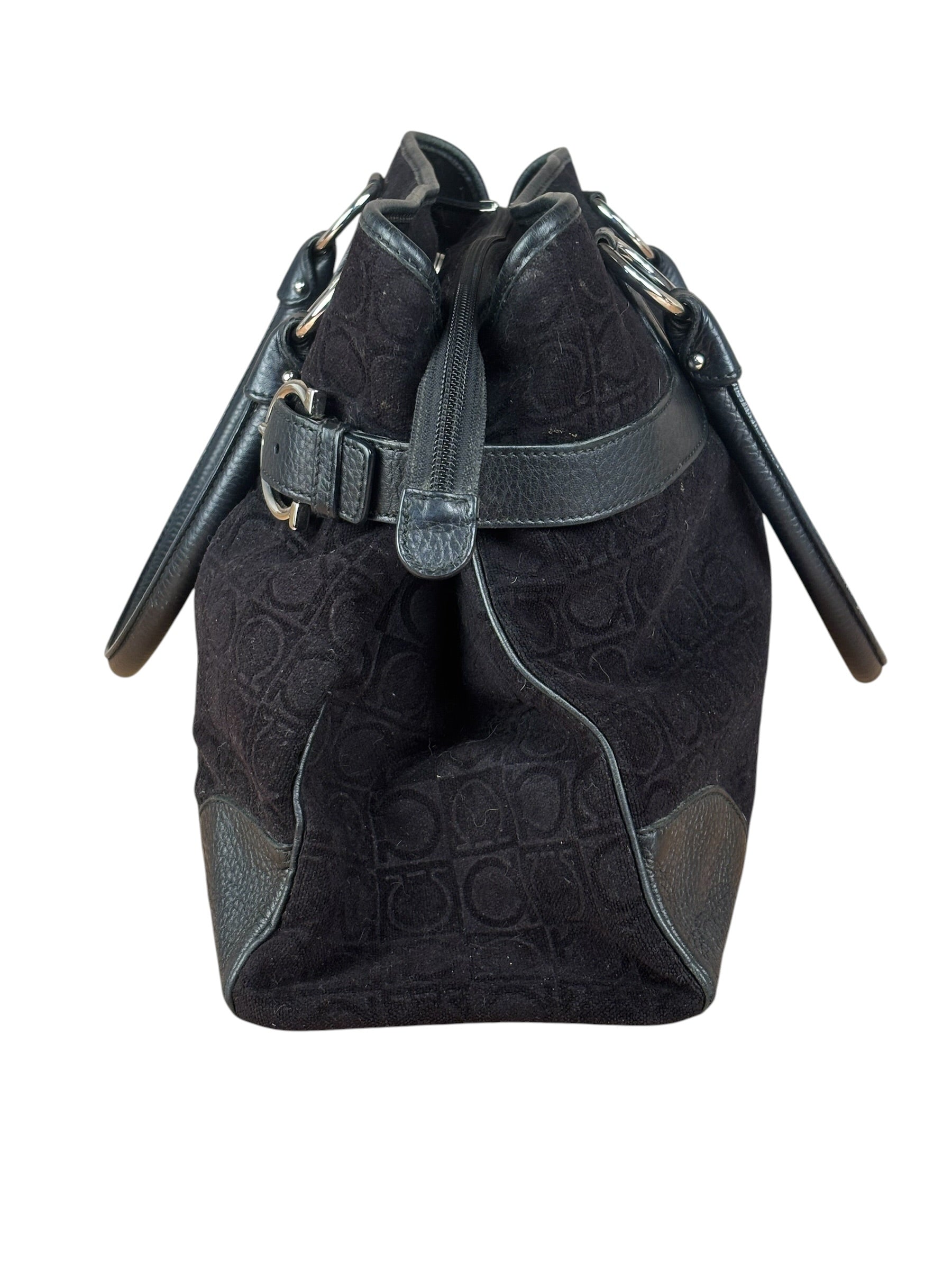 Salvatore Ferragamo Black Leather Trim Gancini Monogram Canvas Shoulder Bag