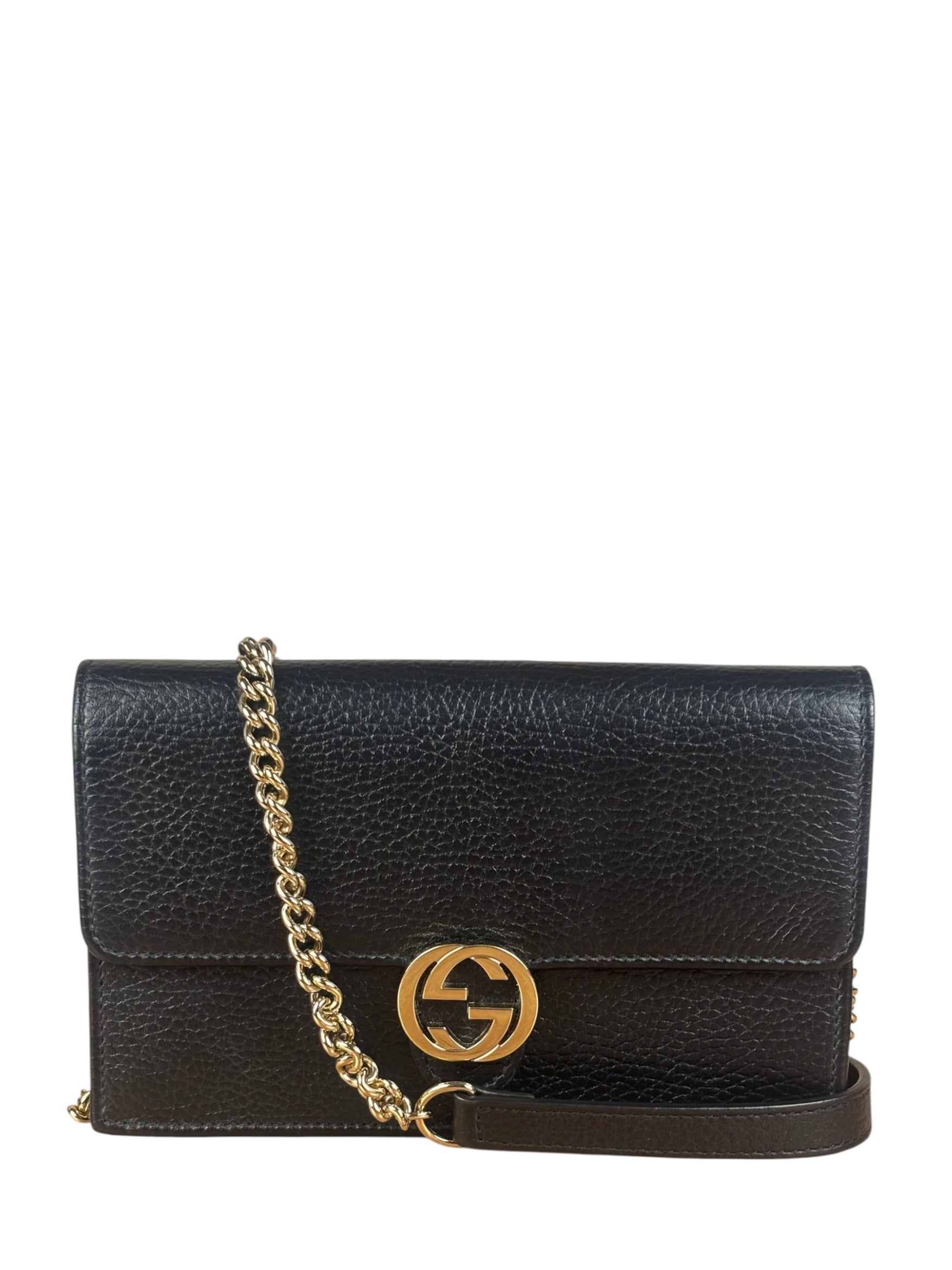 Gucci Black Interlocking G Leather Wallet on Chain