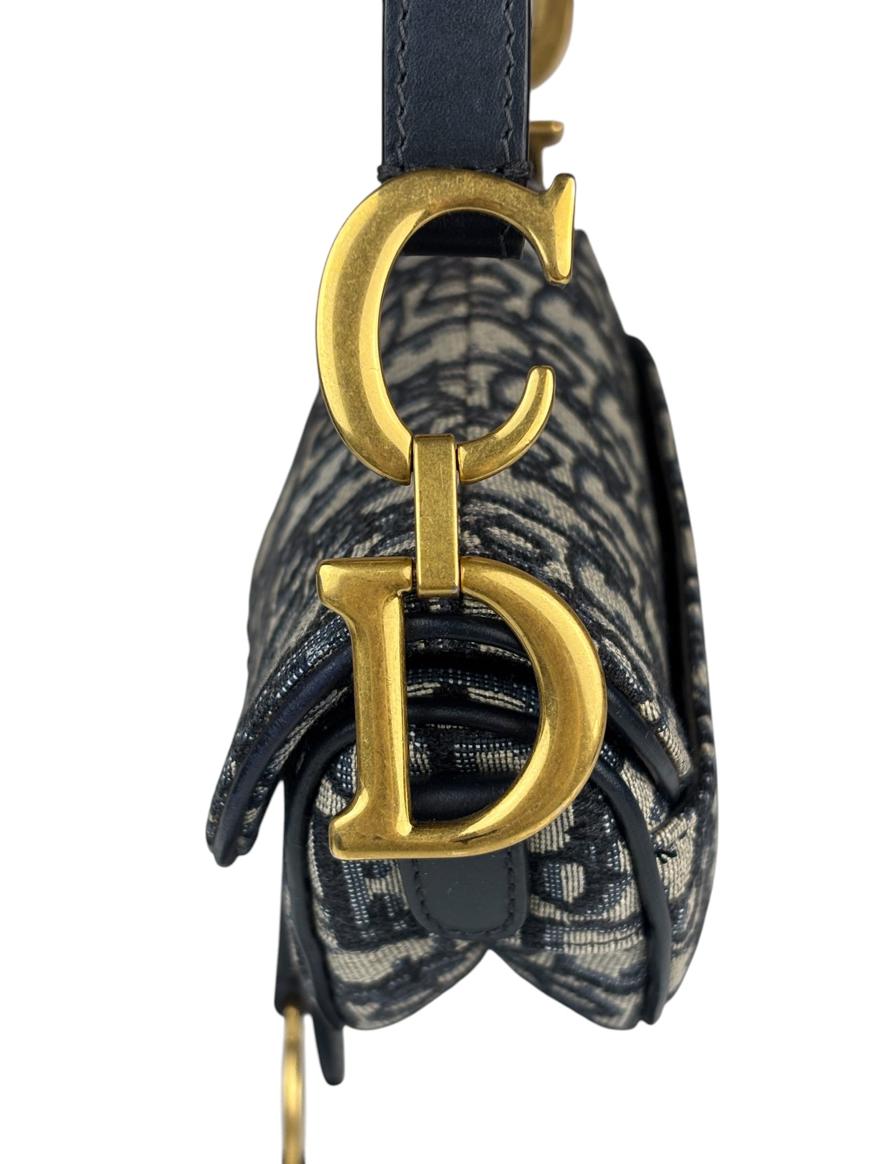 Christian Dior Navy Leather Trim Oblique Saddle Handbag