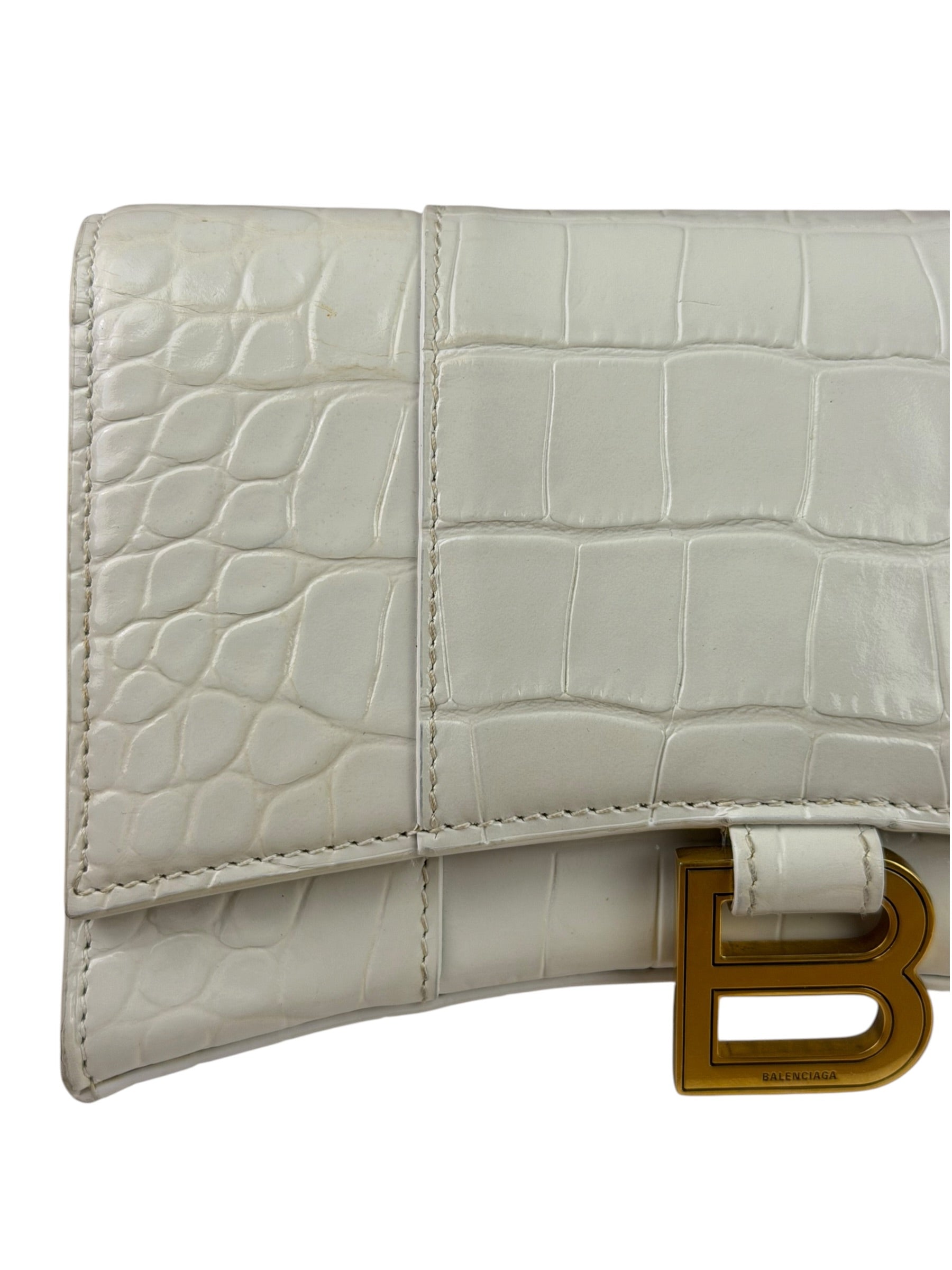 Balenciaga White Crocodile Embossed Hourglass Wallet On Chain