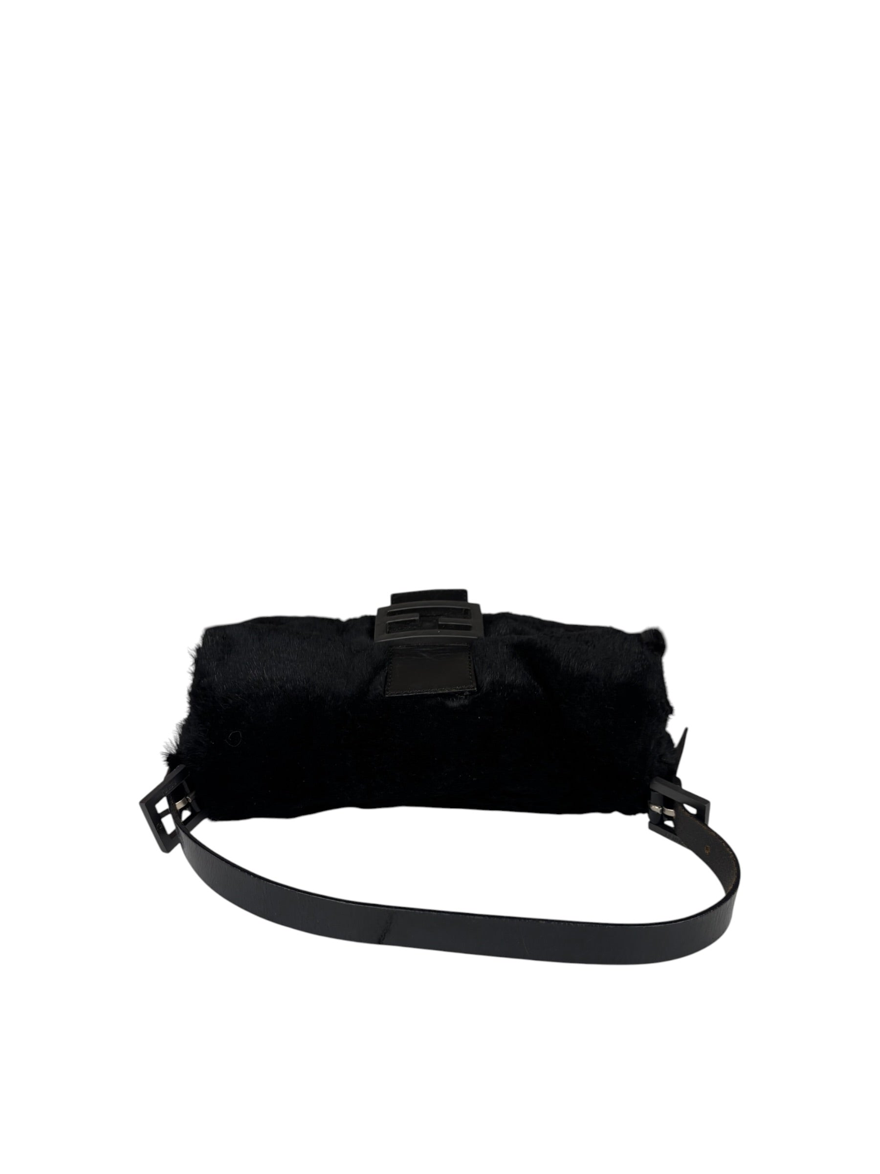 Fendi Black Leather Trim Plush Rabbit Fur Baguette