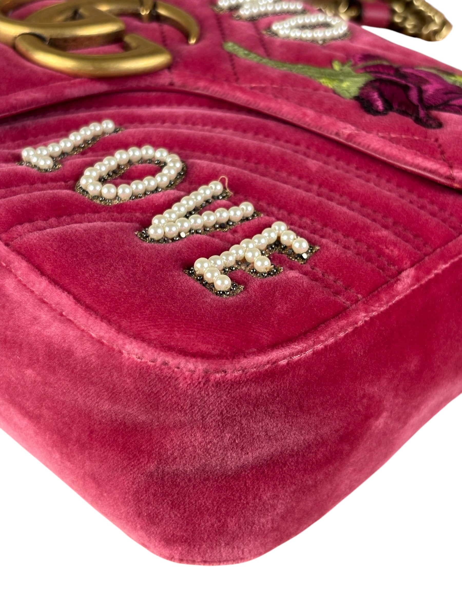 Gucci Pink GG Velvet Marmont "Blind for Love" Flap Bag