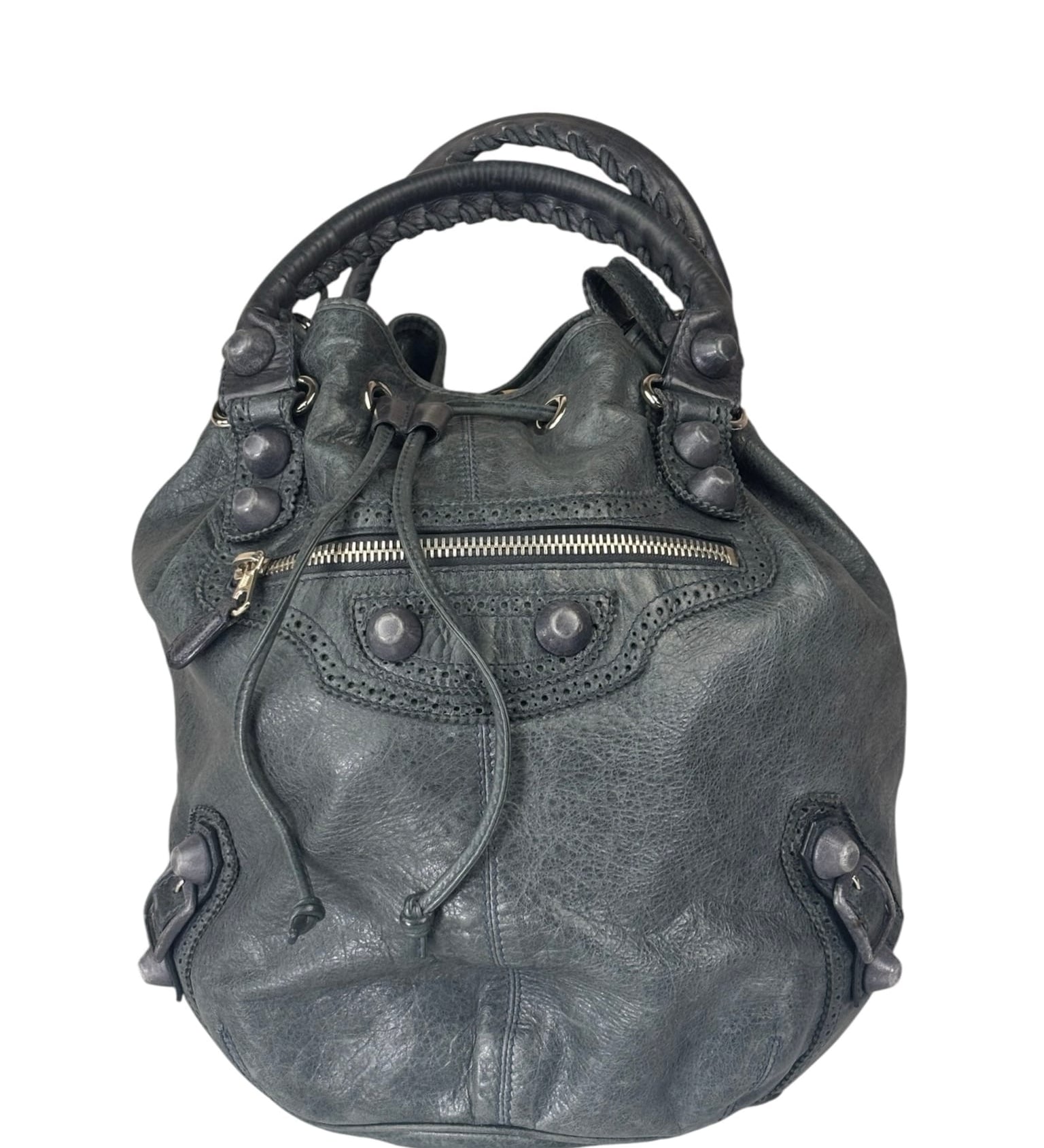 Balenciaga Grey Lambskin Giant Brogues Pompom Two-Way Bag