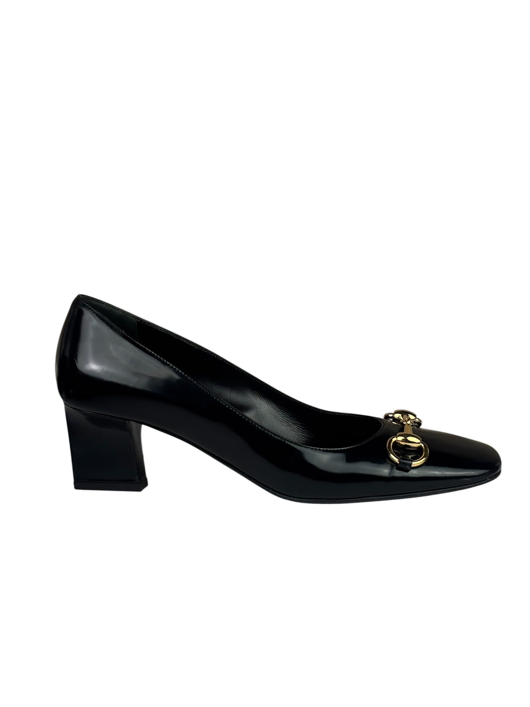 Gucci Women's Gold Horsebit Signora Black Leather Pumps