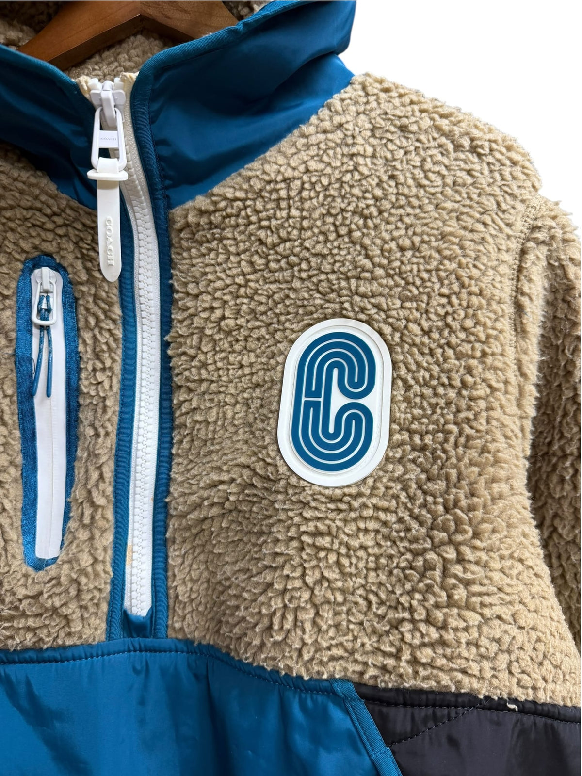 Coach Black/Blue/Beige Nylon Deep Pile Fleece Hooded Jacket