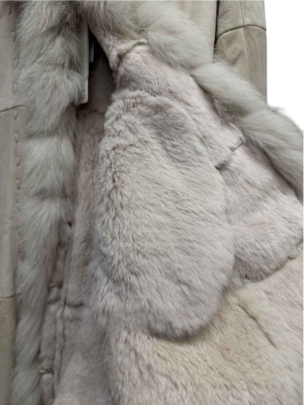 Vintage Bellucci Platinum Beige Suede Rabbit/Blue Fox Fur Long Coat