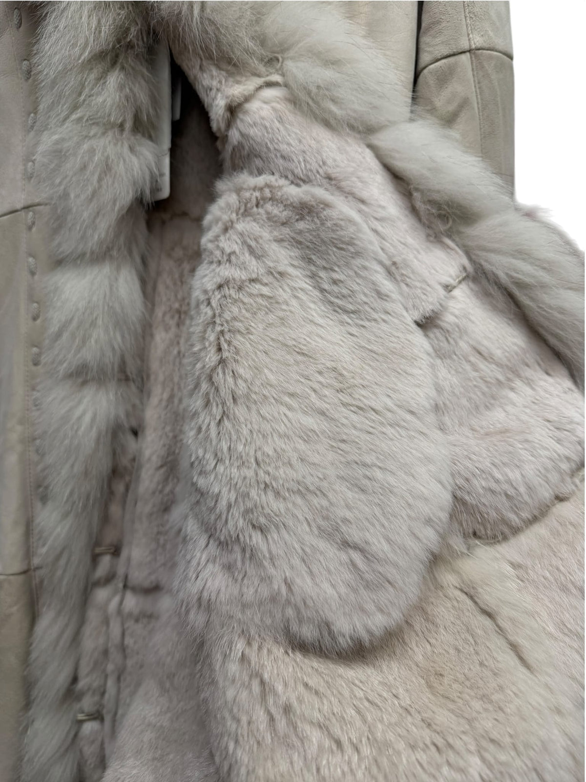 Vintage Bellucci Platinum Beige Suede Rabbit/Blue Fox Fur Long Coat