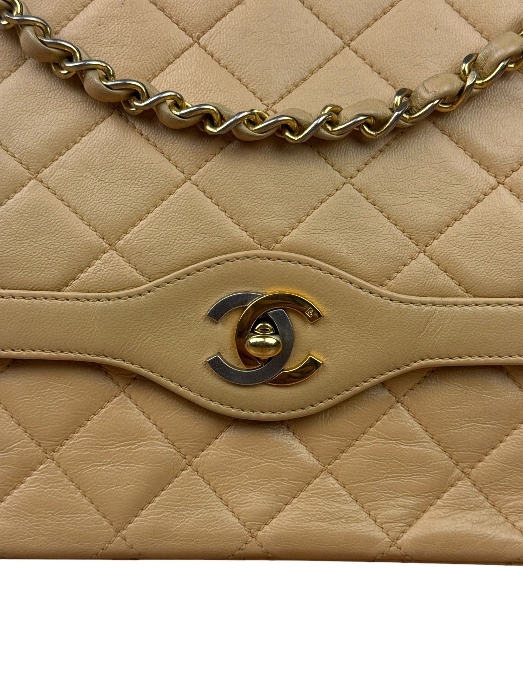 Chanel Beige Quilted Leather Two-Toned Double Flap Bag '94-'96