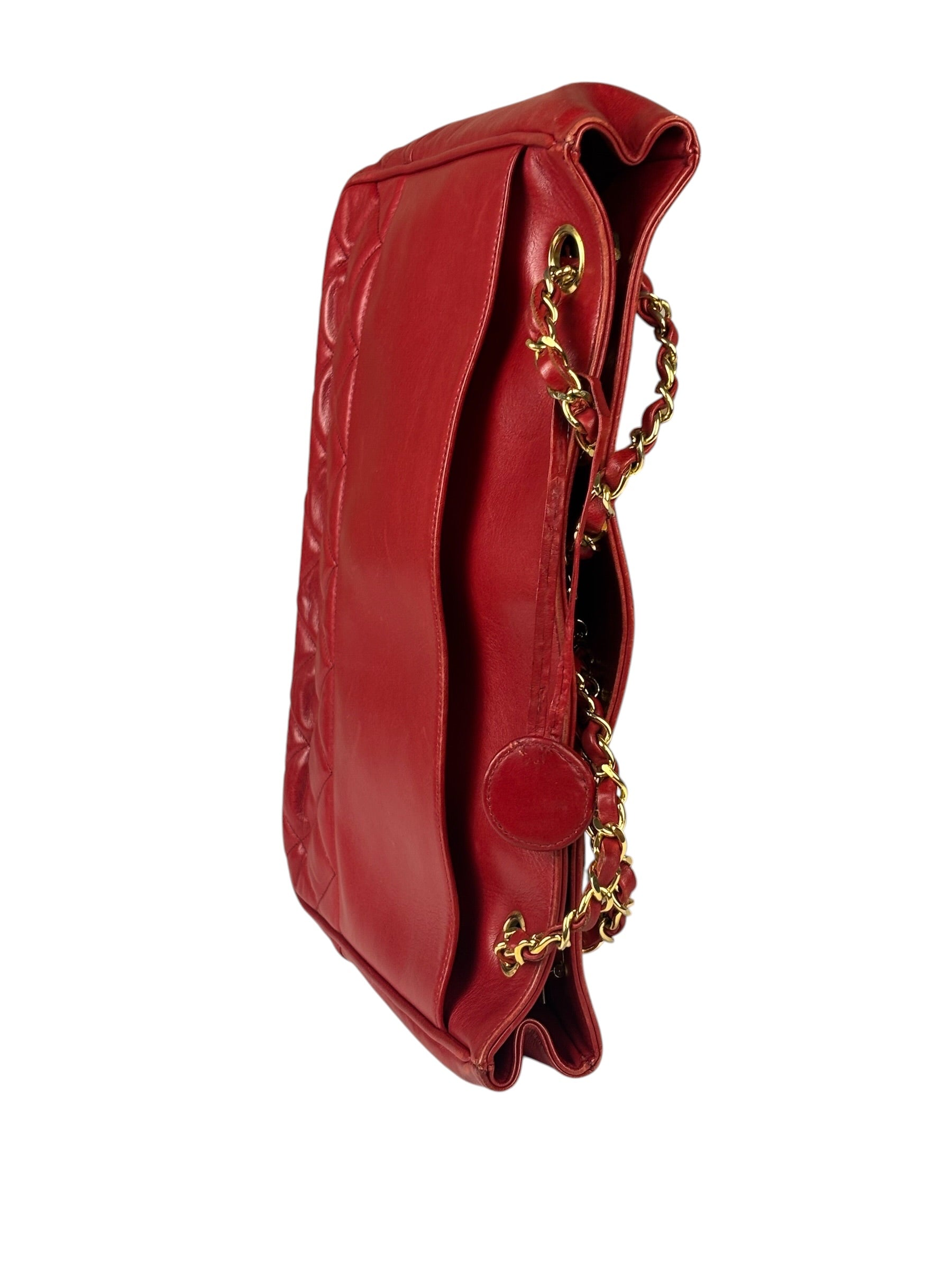 Chanel Red Quilted Lambskin Chain Tote Bag 1990
