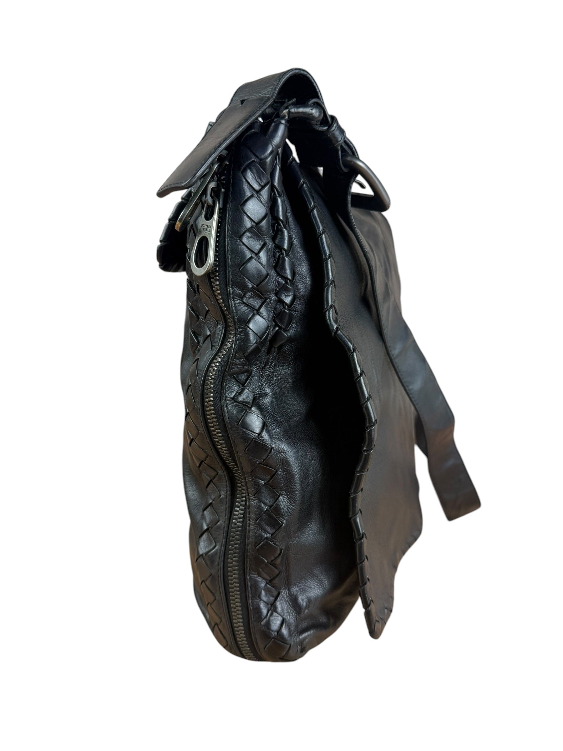 Bottega Veneta Black Intrecciato Leather Flap Messenger Bag