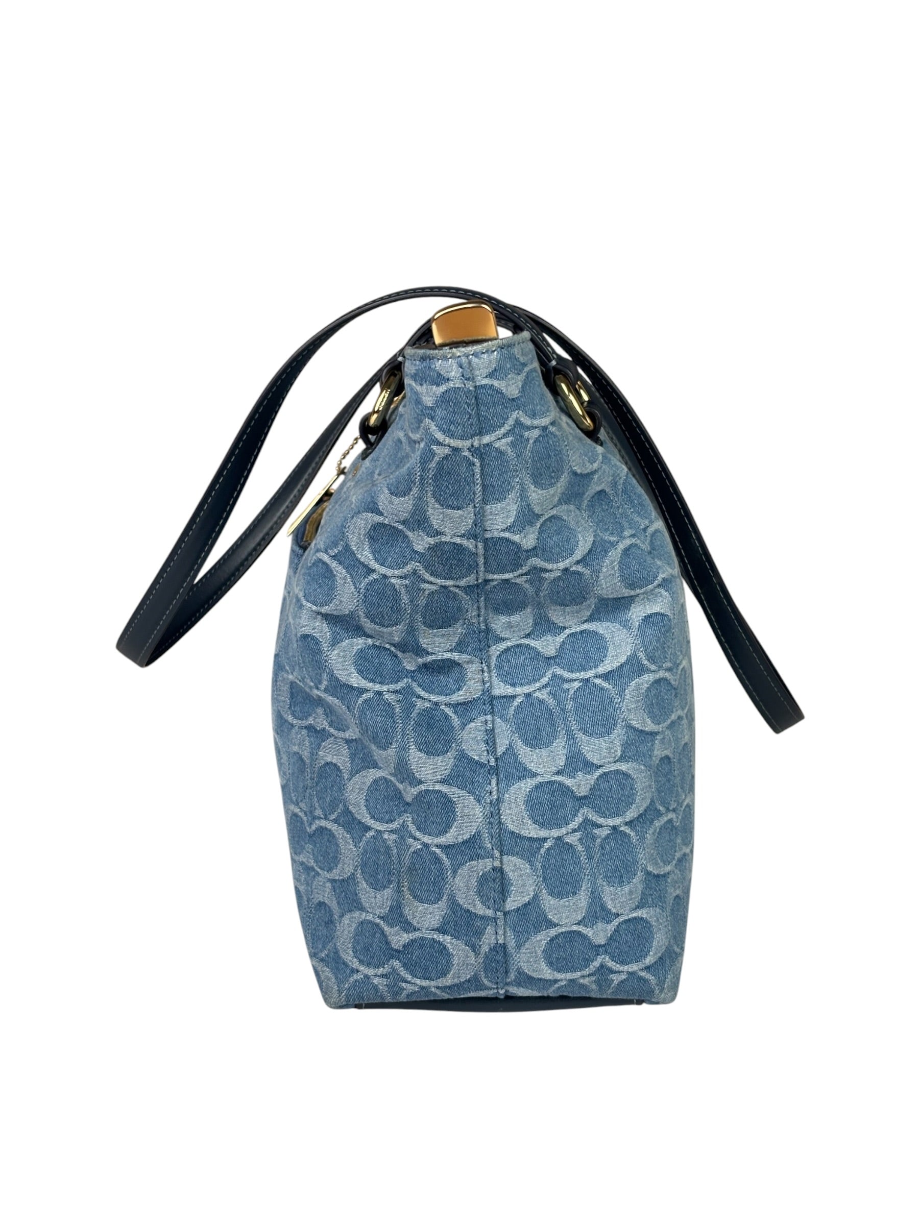 Coach Blue Leather Trim/Denim Signature Station Shoulder Bag