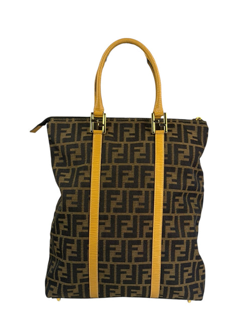Fendi Beige Leather Trim Zucca Vertical Tote
