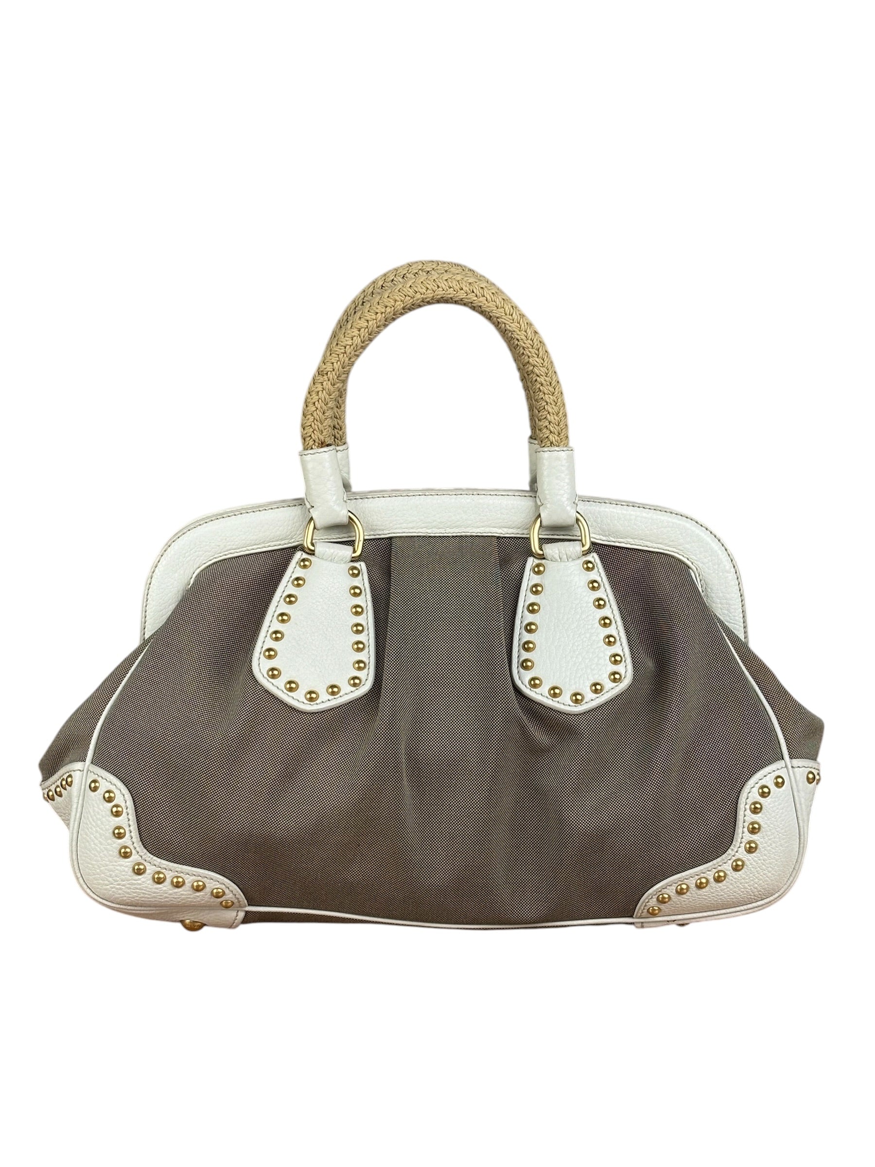 Prada Beige Vitello Trimmed Canapa Bag