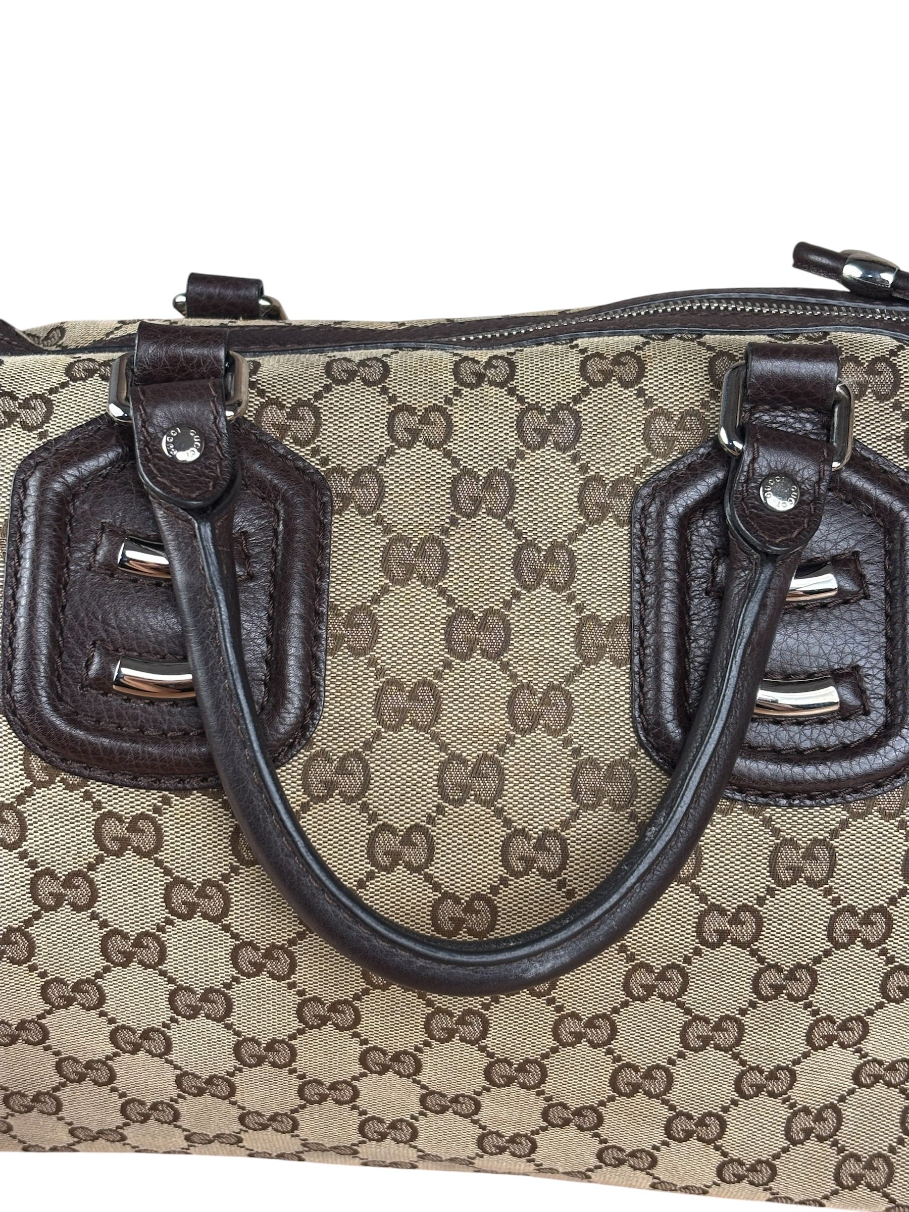 Gucci GG Leather Trim Canvas Techno Boston Handbag