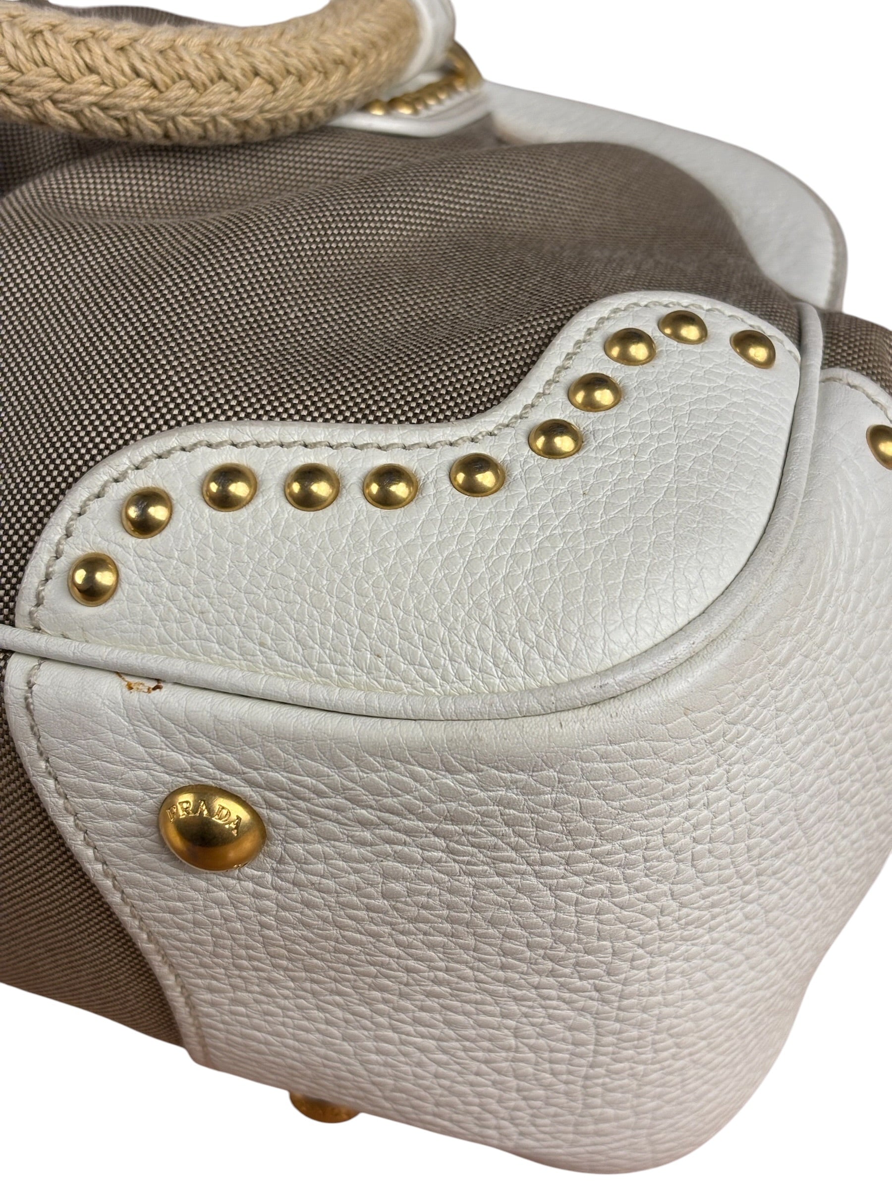 Prada Beige Vitello Trimmed Canapa Bag