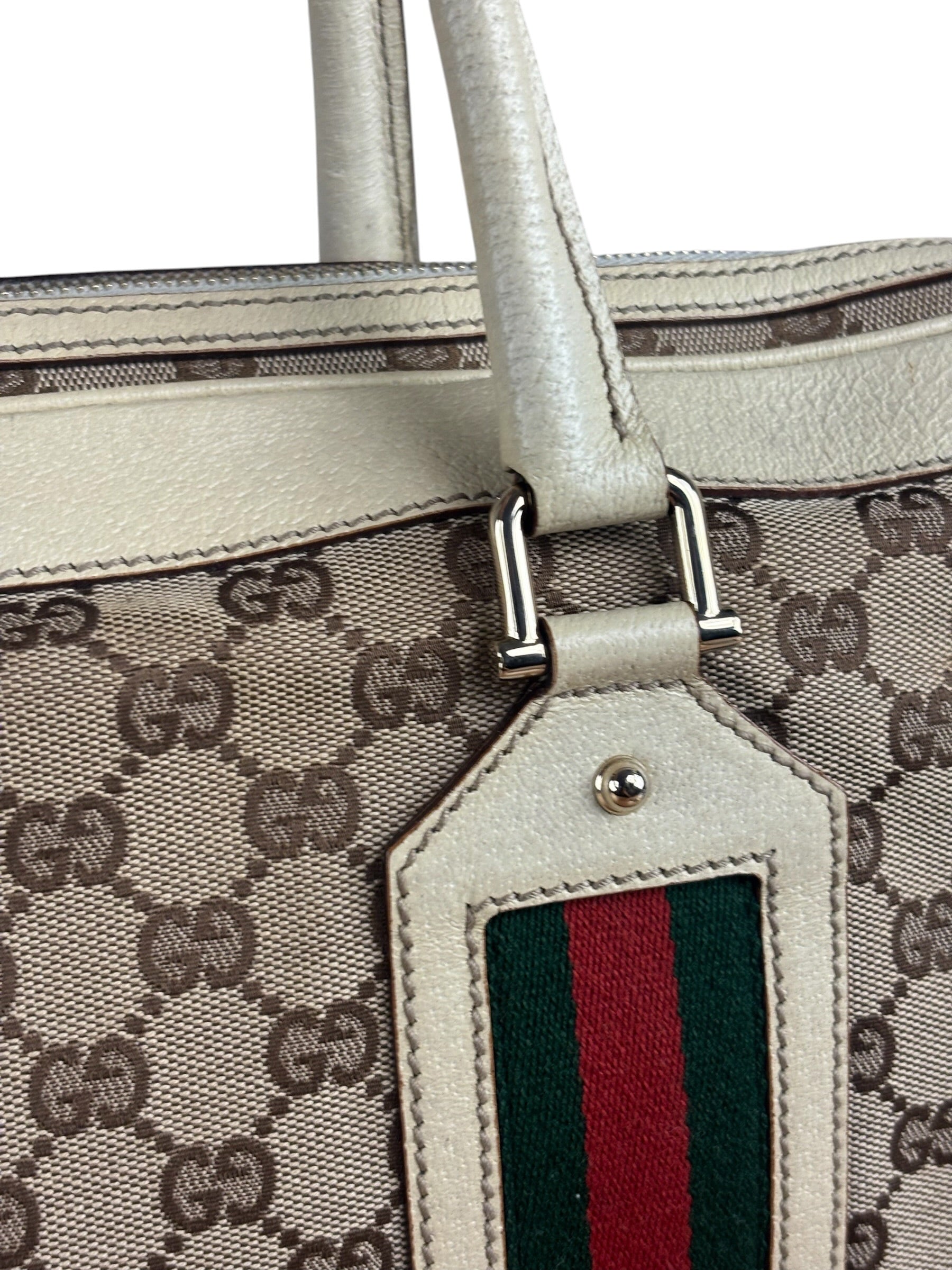 Gucci Leather Trim Monogram Canvas Web Stripe Tote Bag
