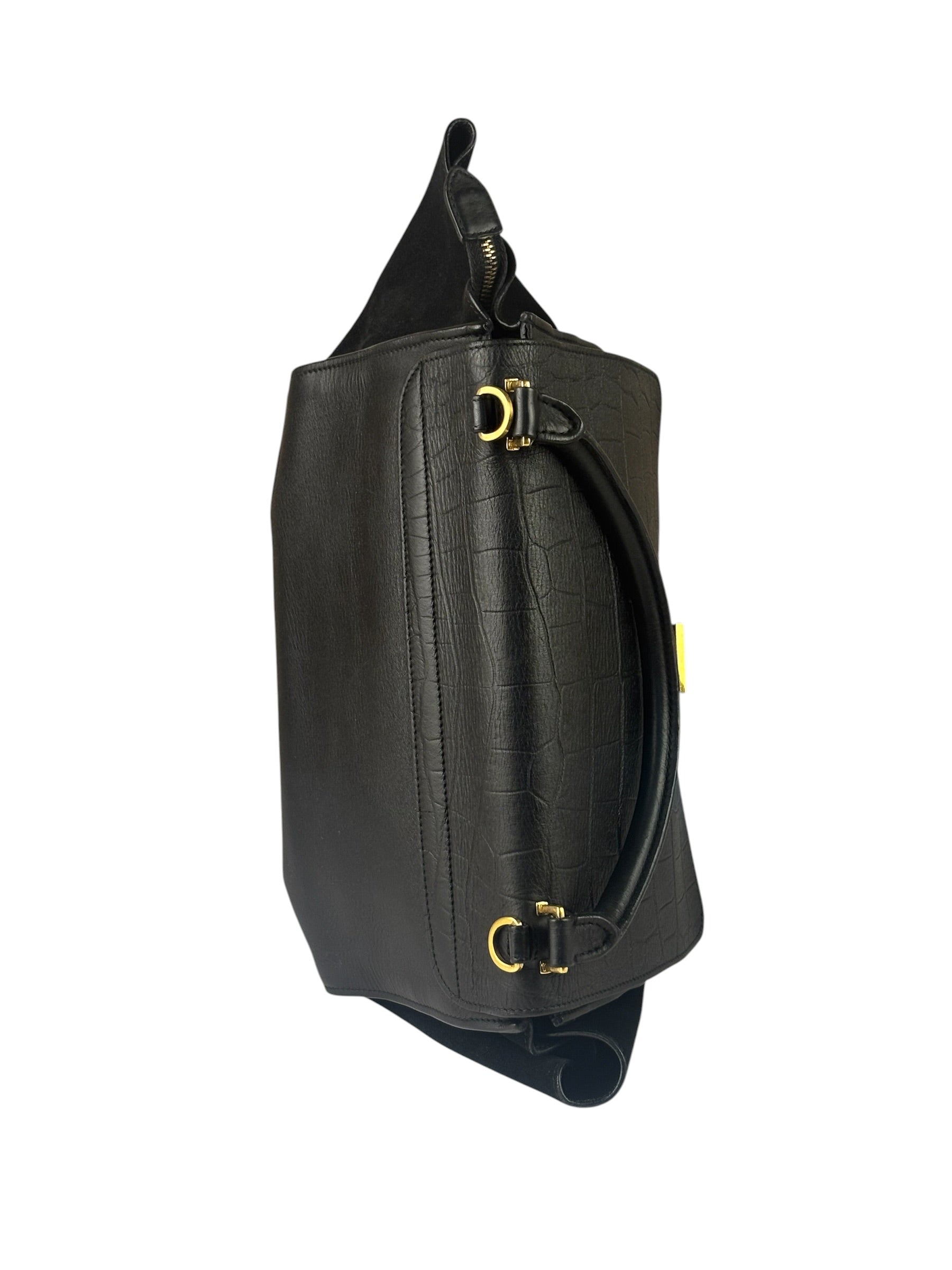 Celine Black Suede/Crocodile Embossed Leather Trapeze Two-Way Bag