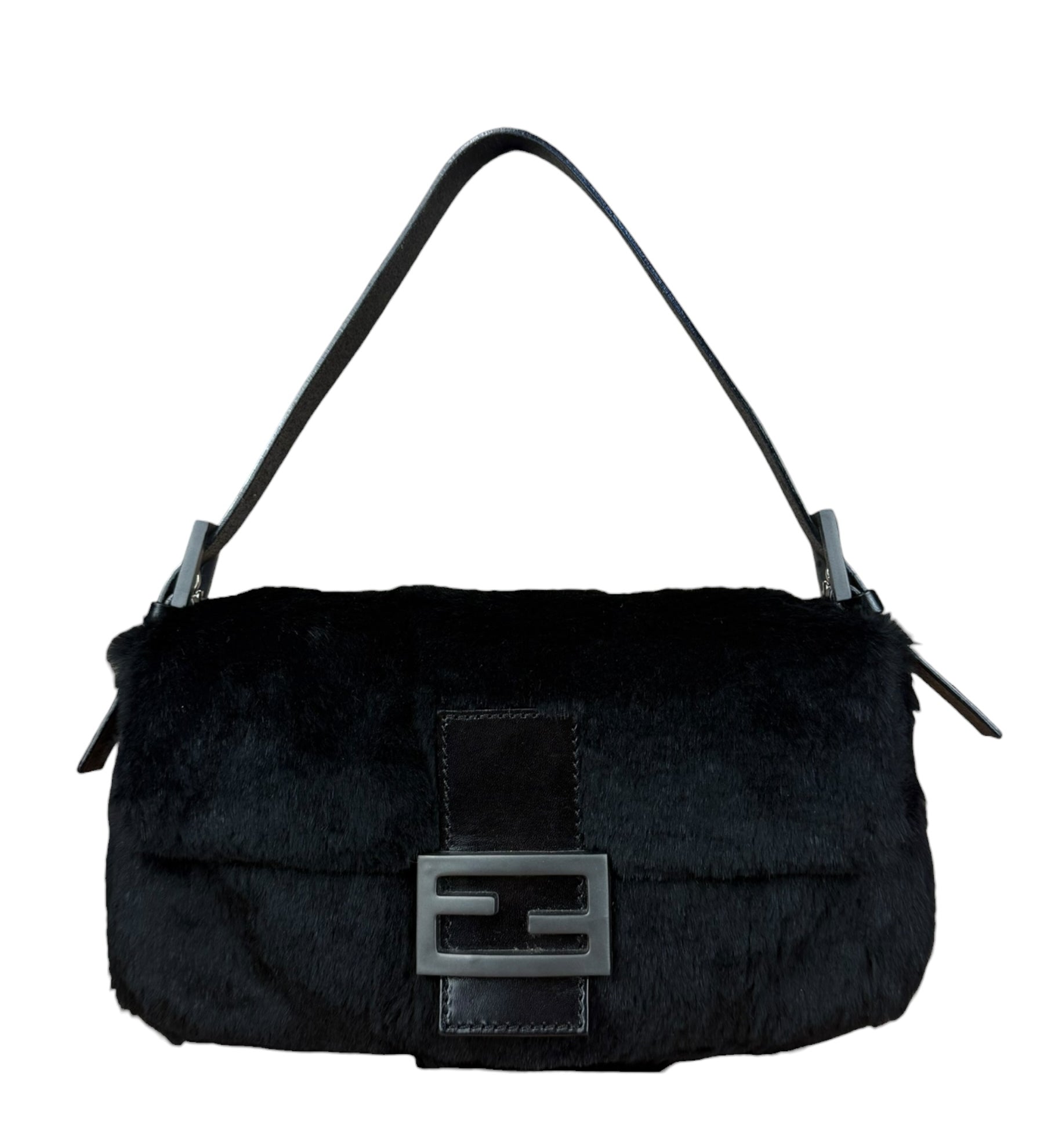 Fendi Rare Vintage Black Fur Baguette Shoulder Bag