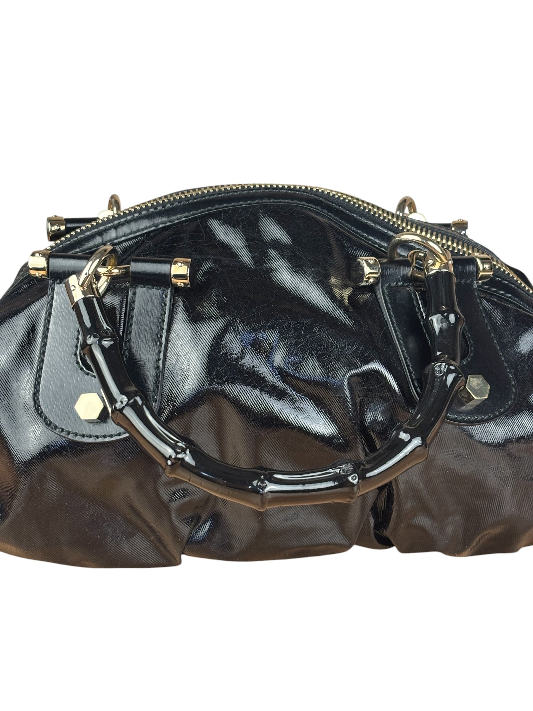 Gucci Black Patent Vintage Dialux Pop Bamboo 2Way Handbag