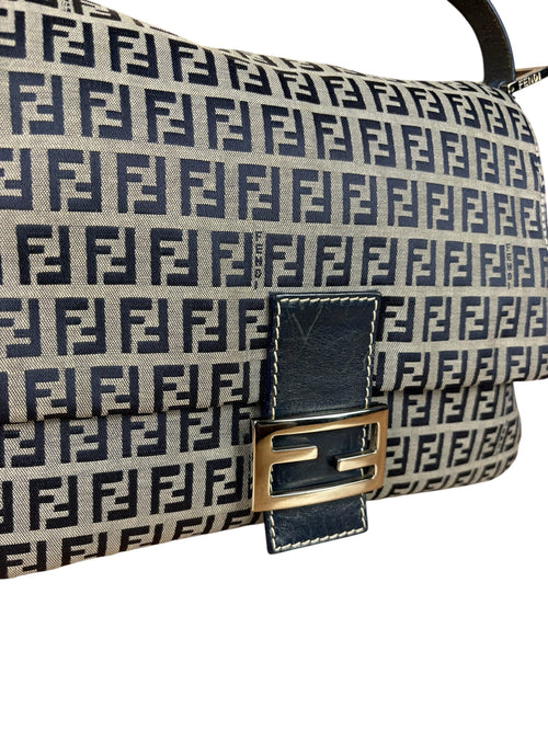 Fendi Navy/Grey Leather Trim Zucca Mamma Baguette