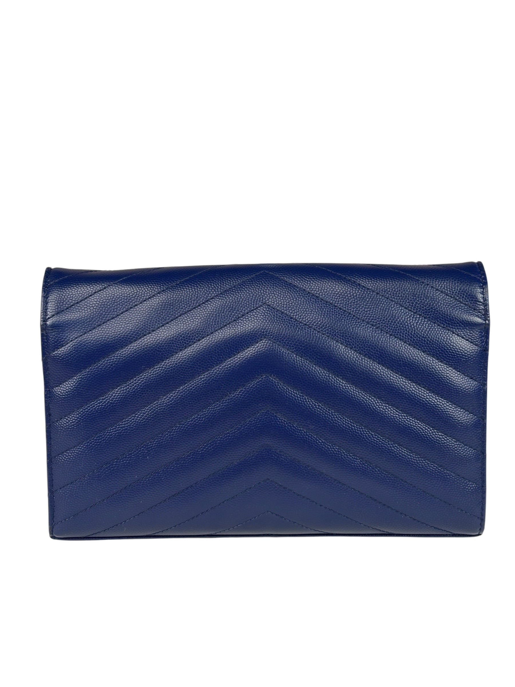YSL Navy Blue Chevron Leather Cassandre Envelope Wallet On Chain