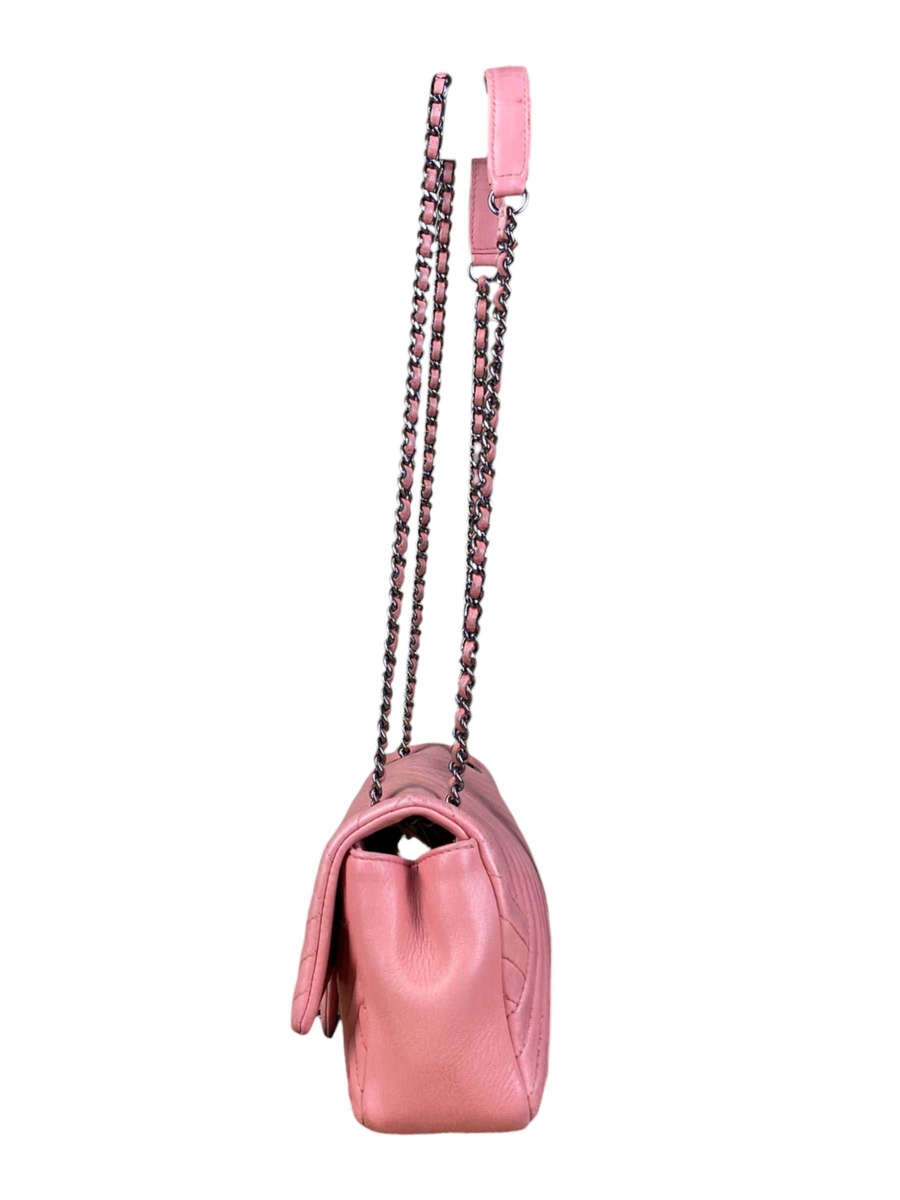 Chanel Pink Chevron Lambskin Flap Bag 2015