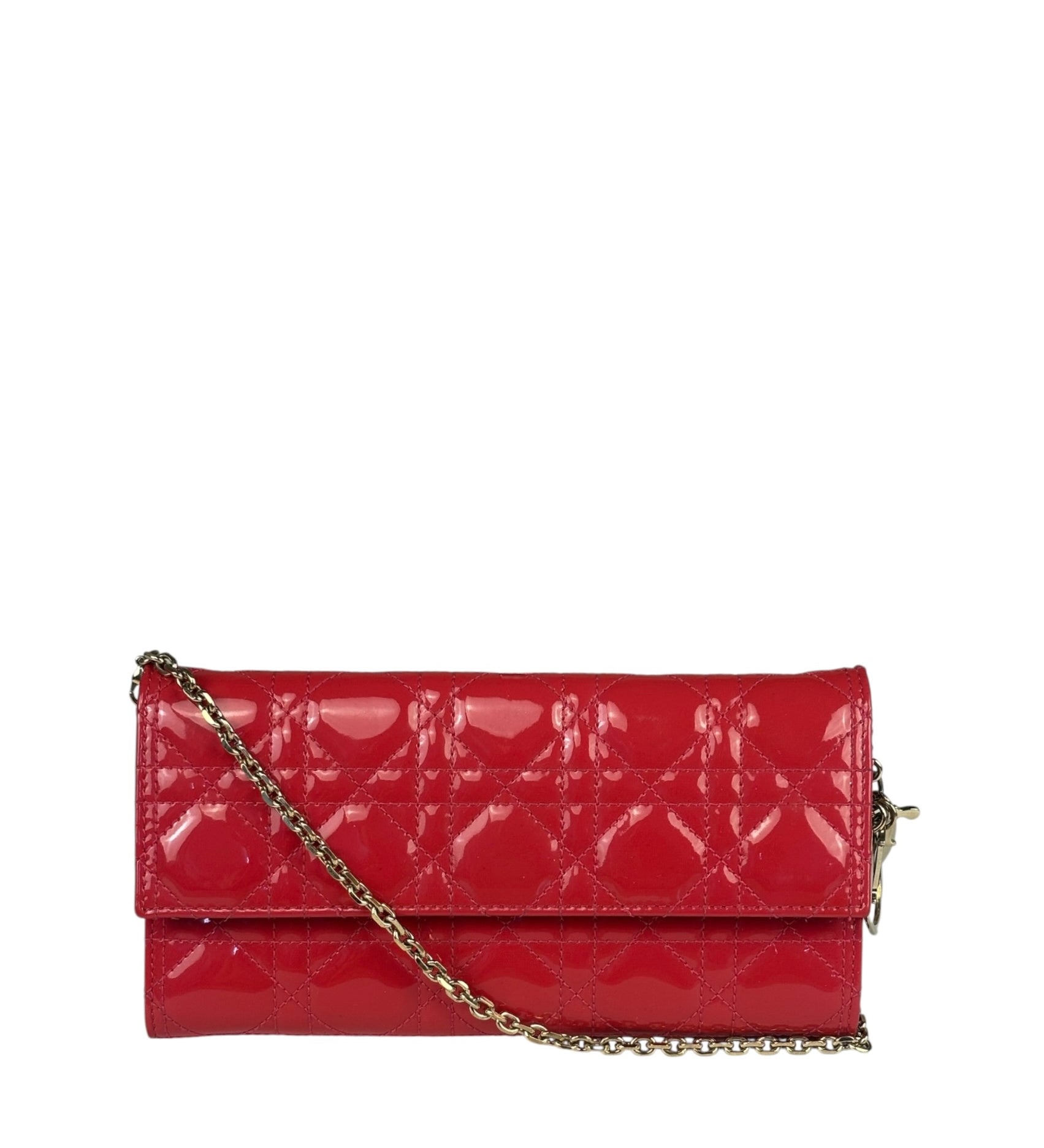Christian Dior Cannage Red Patent Leather Wallet On Chain