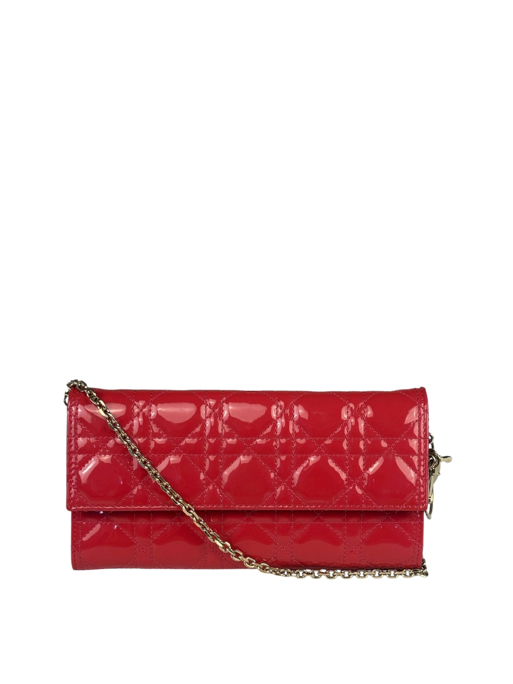 Christian Dior Cannage Red Patent Leather Wallet On Chain