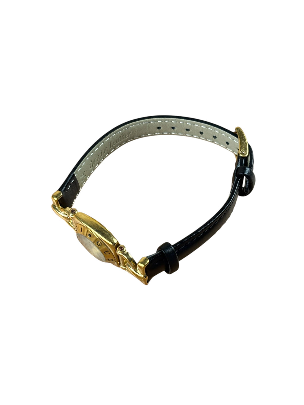 Gucci 6300L Champagne Dial Horsebit Black Leather Strap