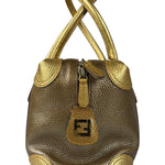 Fendi Metalic Gold Patent Pebbled Leather Media Boston Bag
