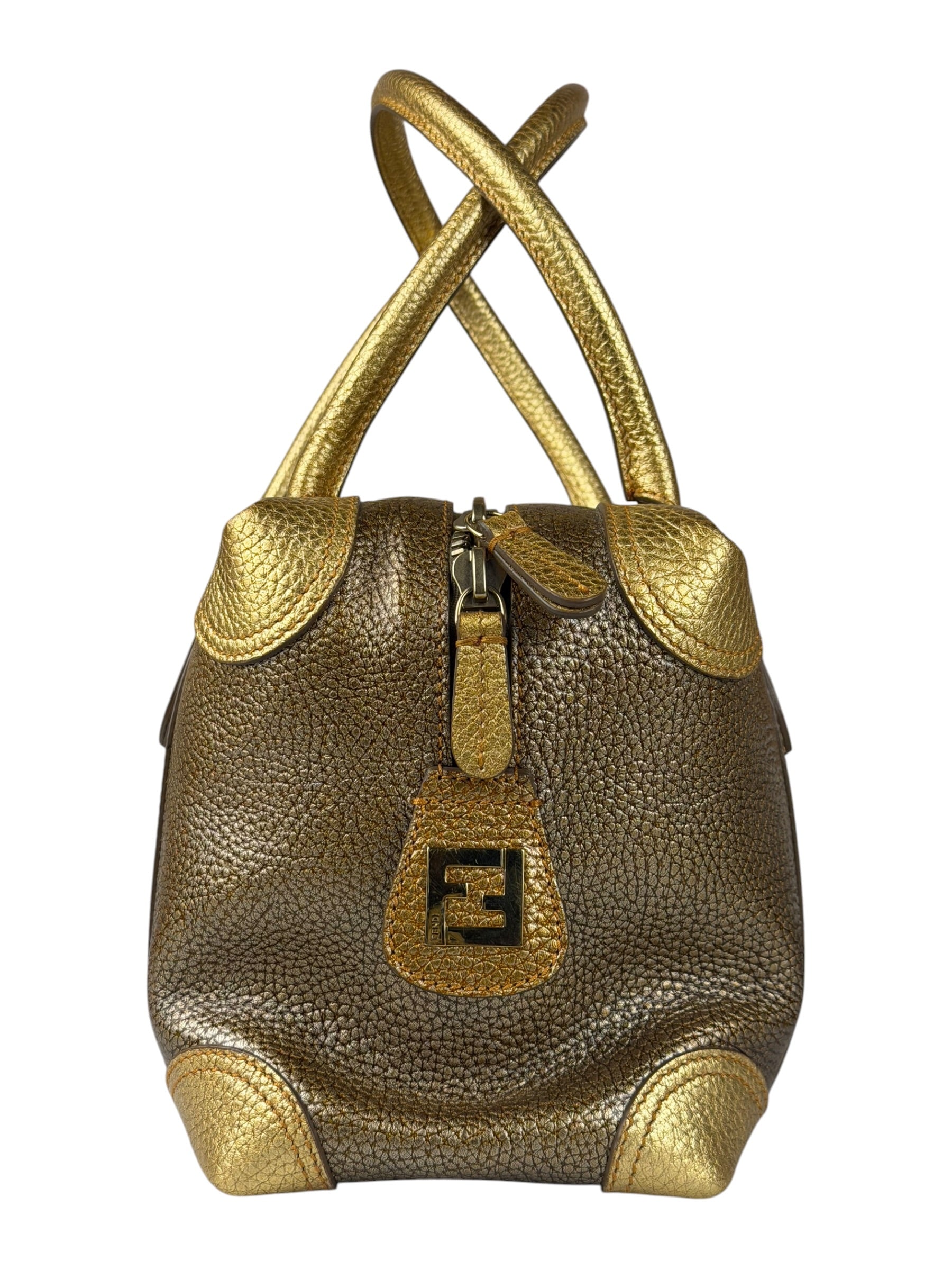Fendi Metalic Gold Patent Pebbled Leather Media Boston Bag